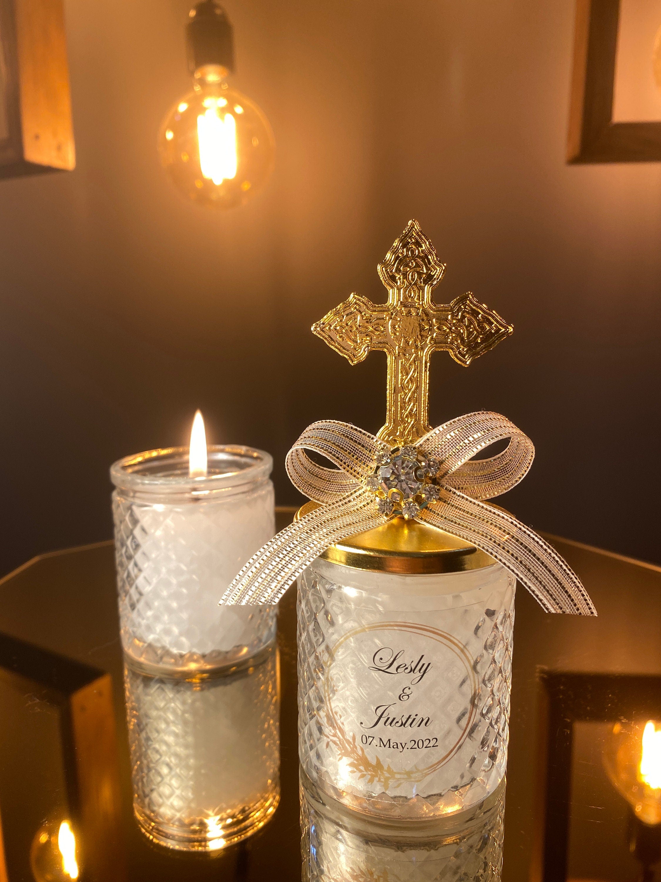 Personalized Baptism Candle Favor β Cross Lid β Christening Gift β On Sale