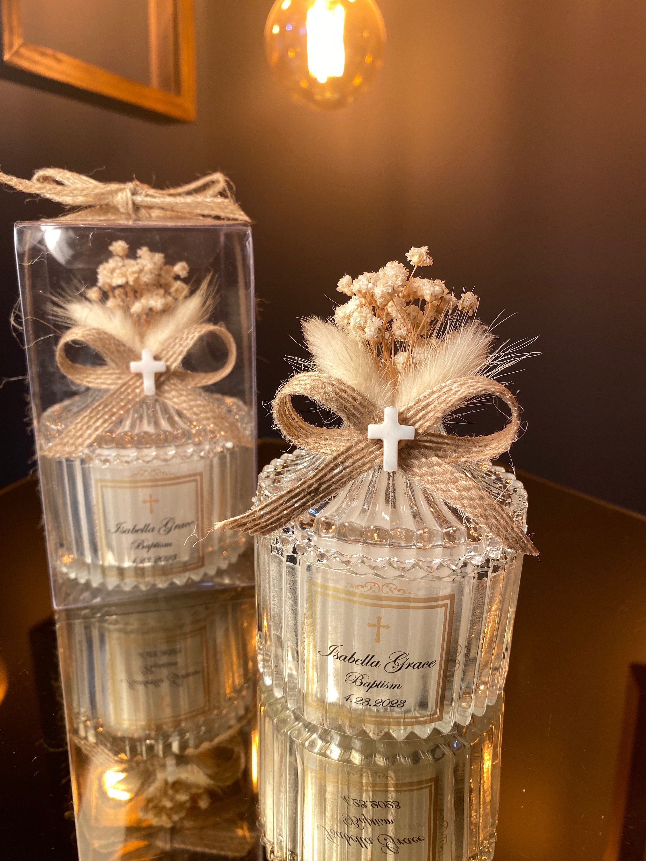 Personalized Mother‑of‑Pearl Cross Candle Favor – Baptism, Communion, Holiday Sale