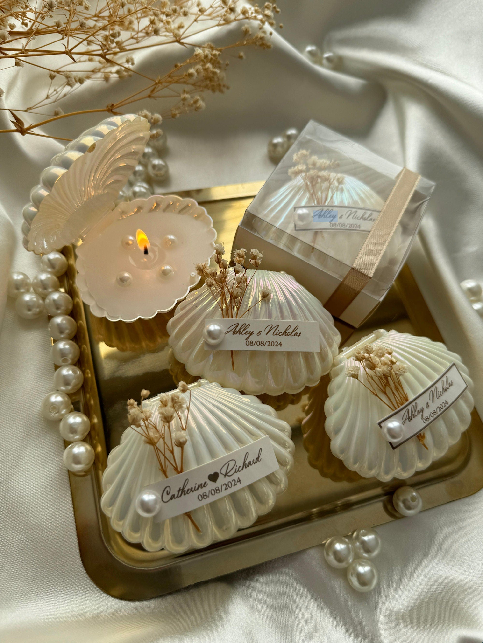 Handmade Ocean Theme Beach Wedding Pearl and Sea Shell Candle Favors f, image size:2000x2665
