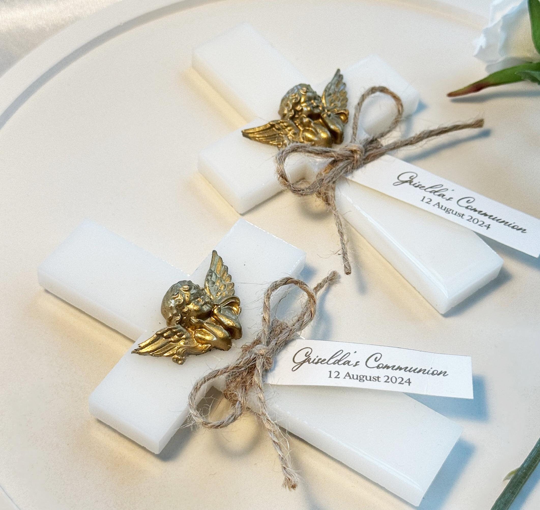 Personalized Cross Epoxy fridge magnet with gold angel