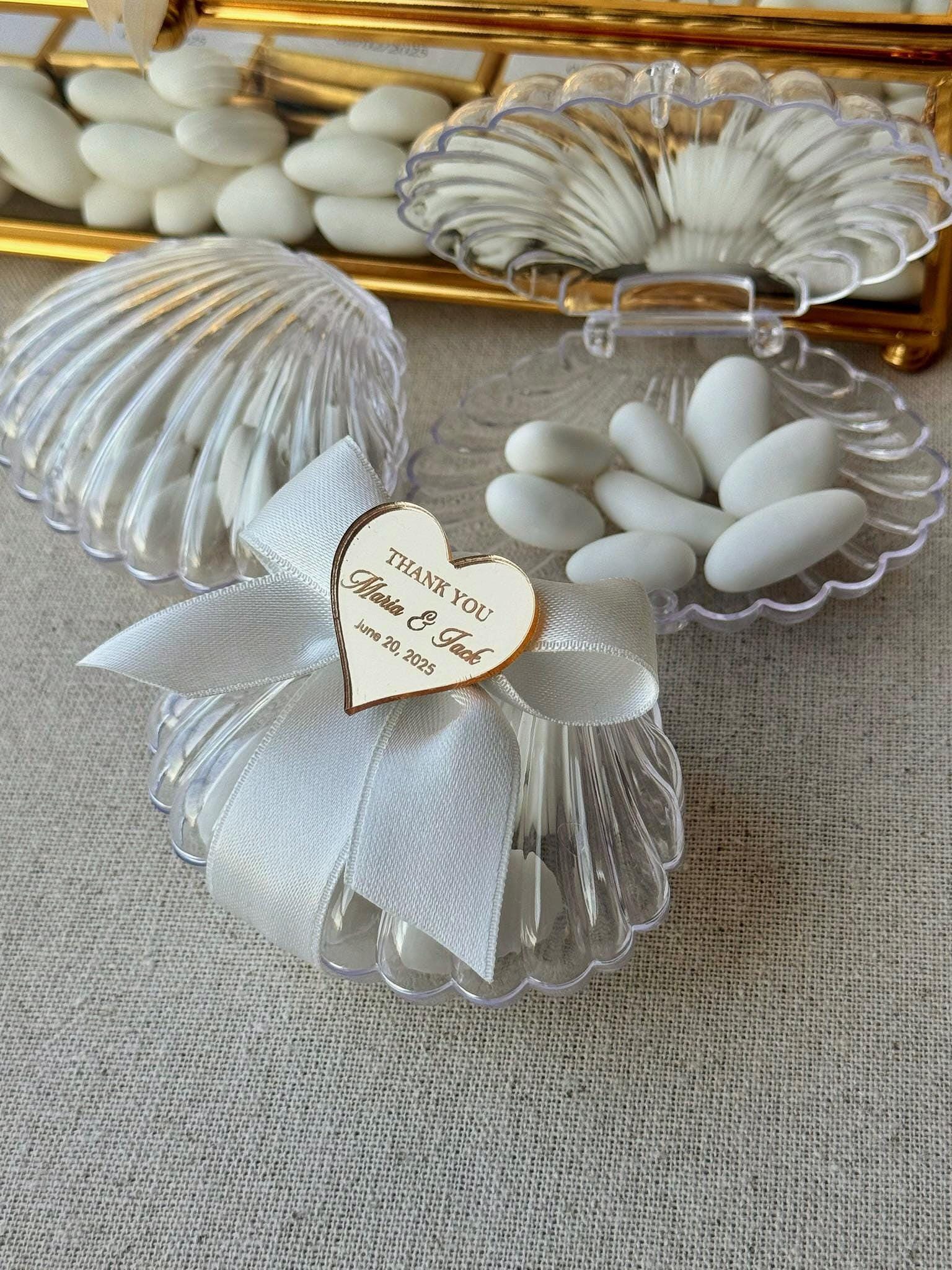 Bulk Almond Candy Transparent Seashell Box Favor, Ocean Theme Beach Wedding Favors for Guests, Acrylic Mirror Heart Tag, Thank You Favors