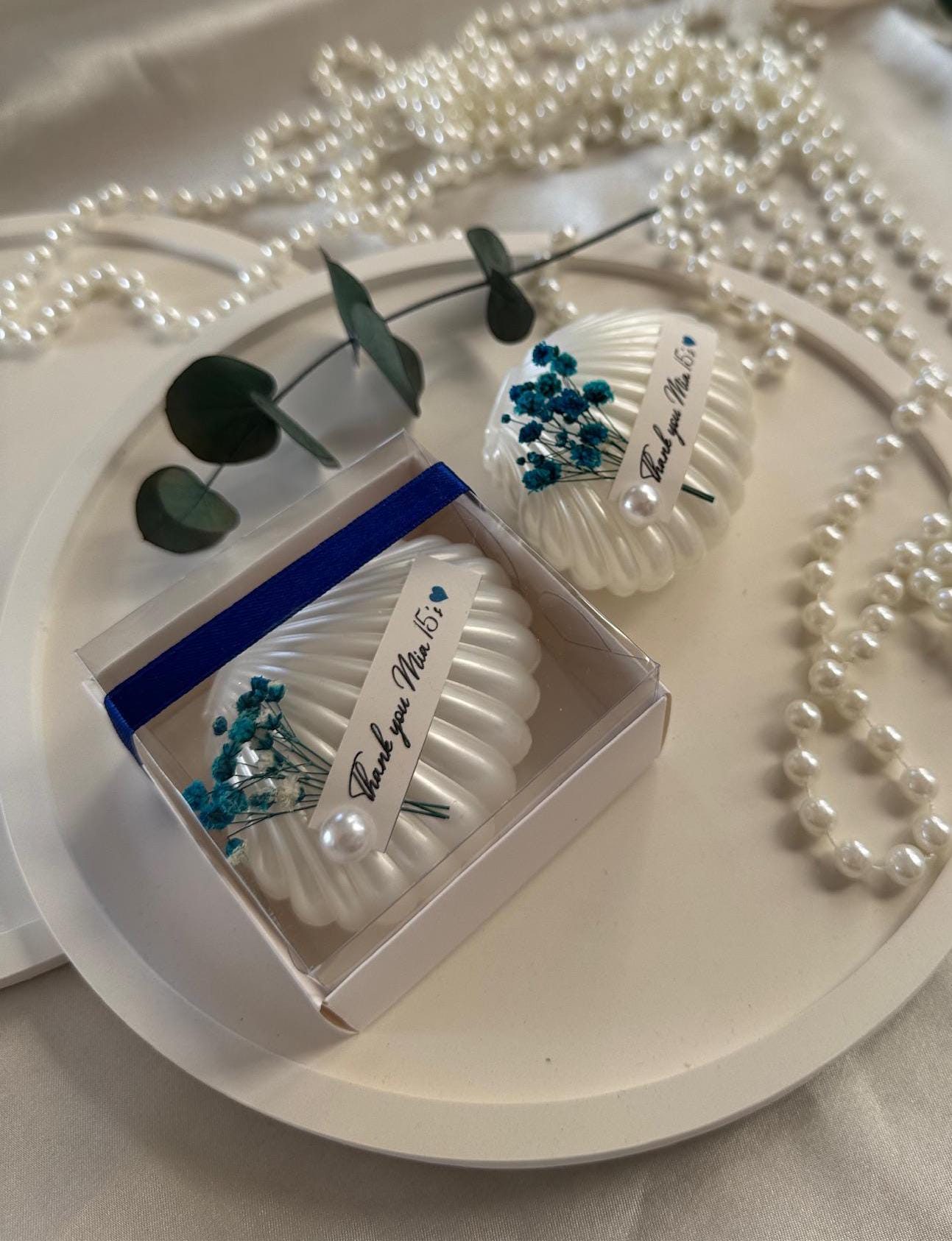 Handmade Mica Sea Shell Candle Baby Shower Favors for Guest, Pearl Candle Favor with Flower, Baptism Thank You Favors, Baby boy Party Favors