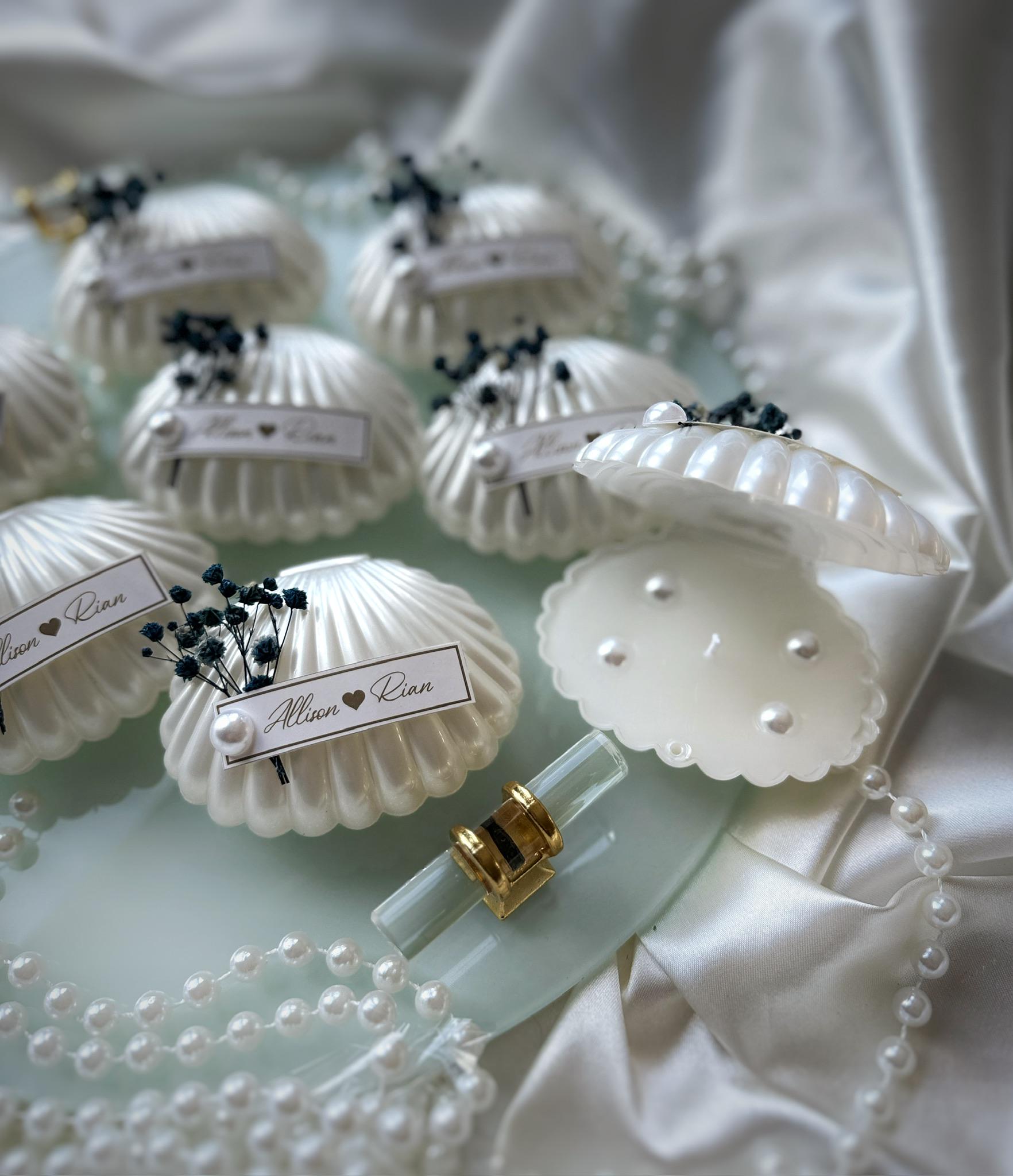 Handmade Mica Sea Shell Candle Baby Shower Favors for Guest, Pearl Candle Favor with Flower, Baptism Thank You Favors, Baby boy Party Favors
