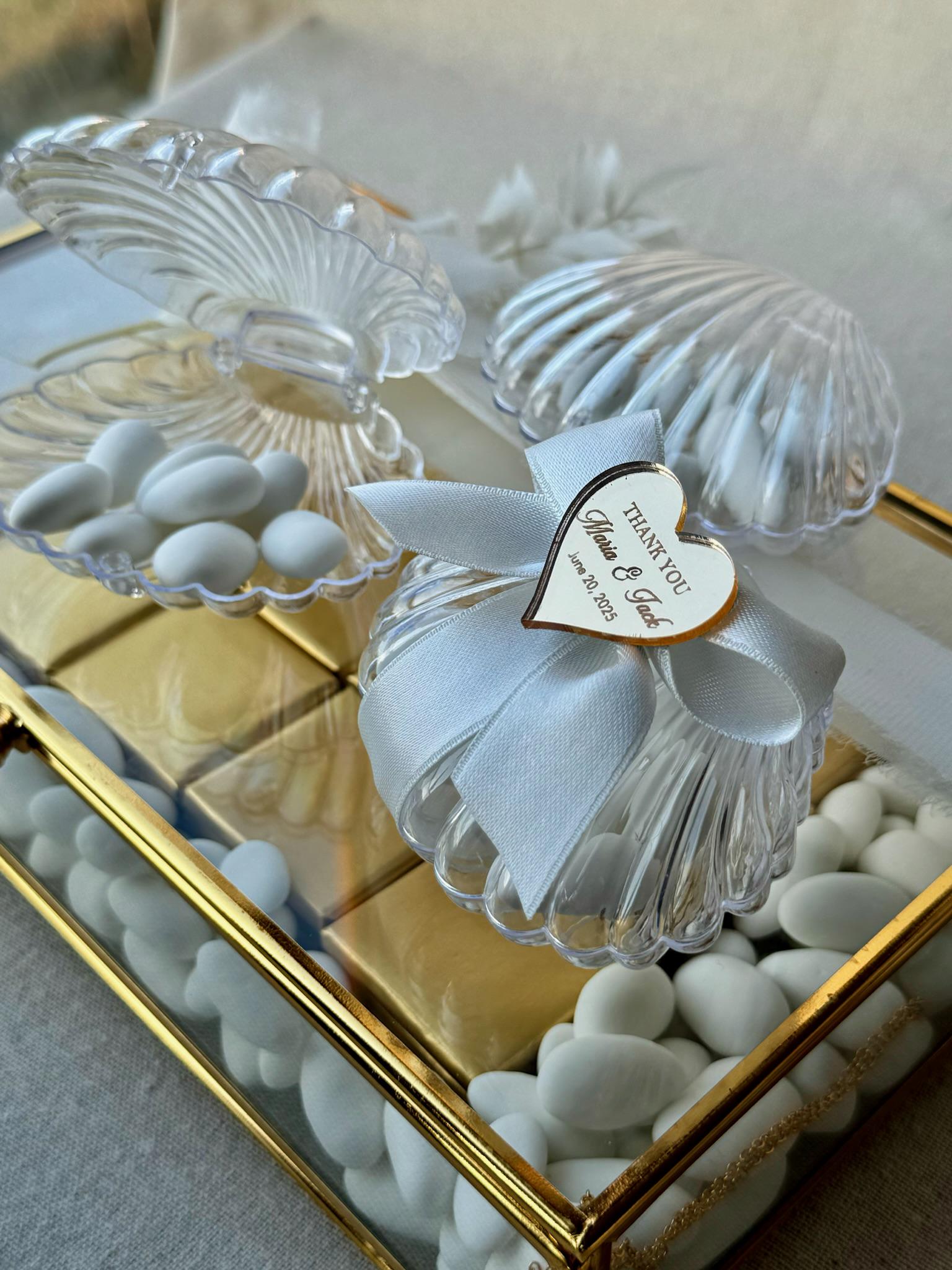 Bulk Almond Candy Transparent Seashell Box Favor, Ocean Theme Beach Wedding Favors for Guests, Acrylic Mirror Heart Tag, Thank You Favors