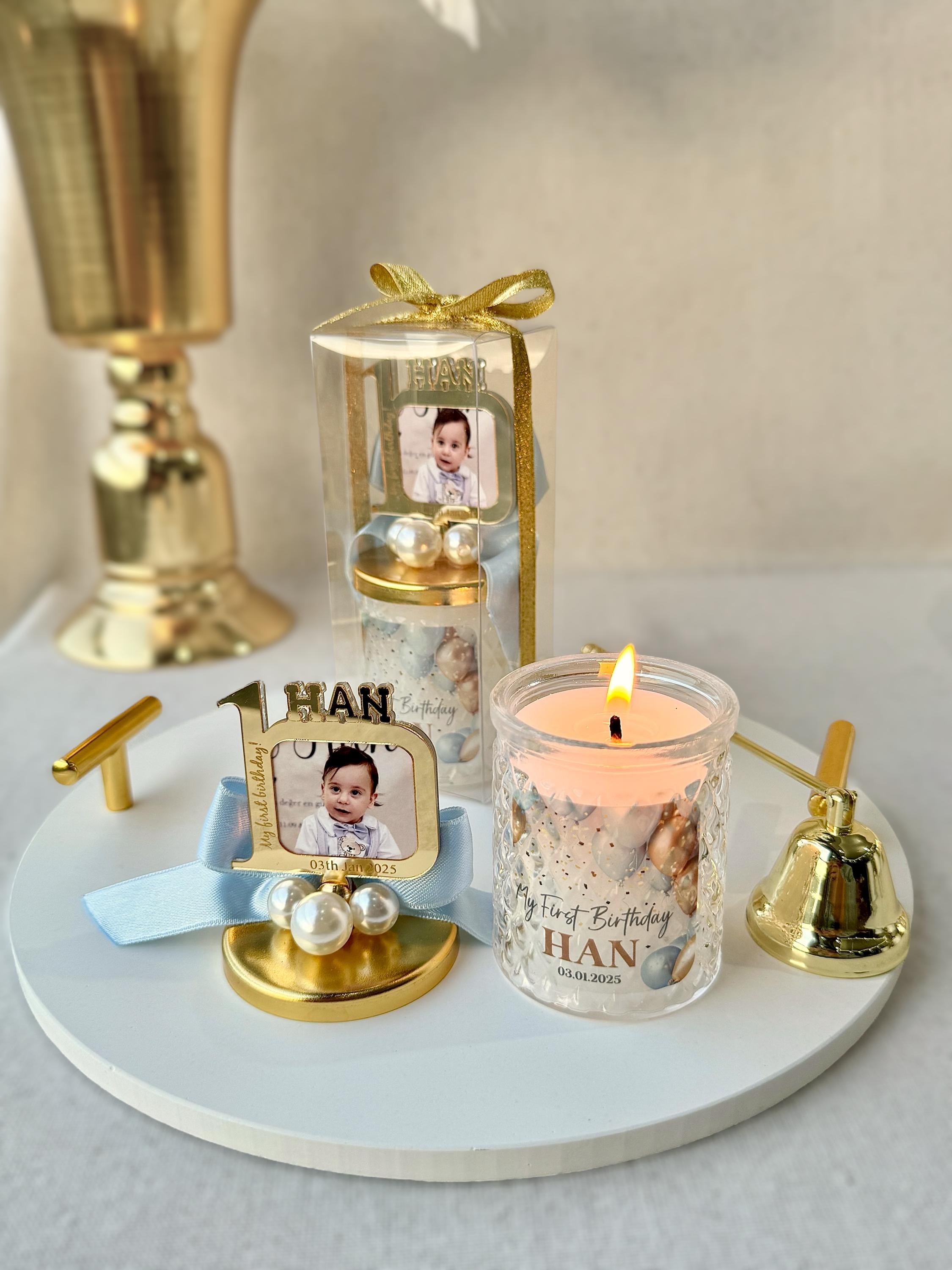 Personalized First Birthday Photo Frame Candle Favor for Guest , Unique Design 1st Birthday Boy and Girl Candle Favors, Baby Picture Frames