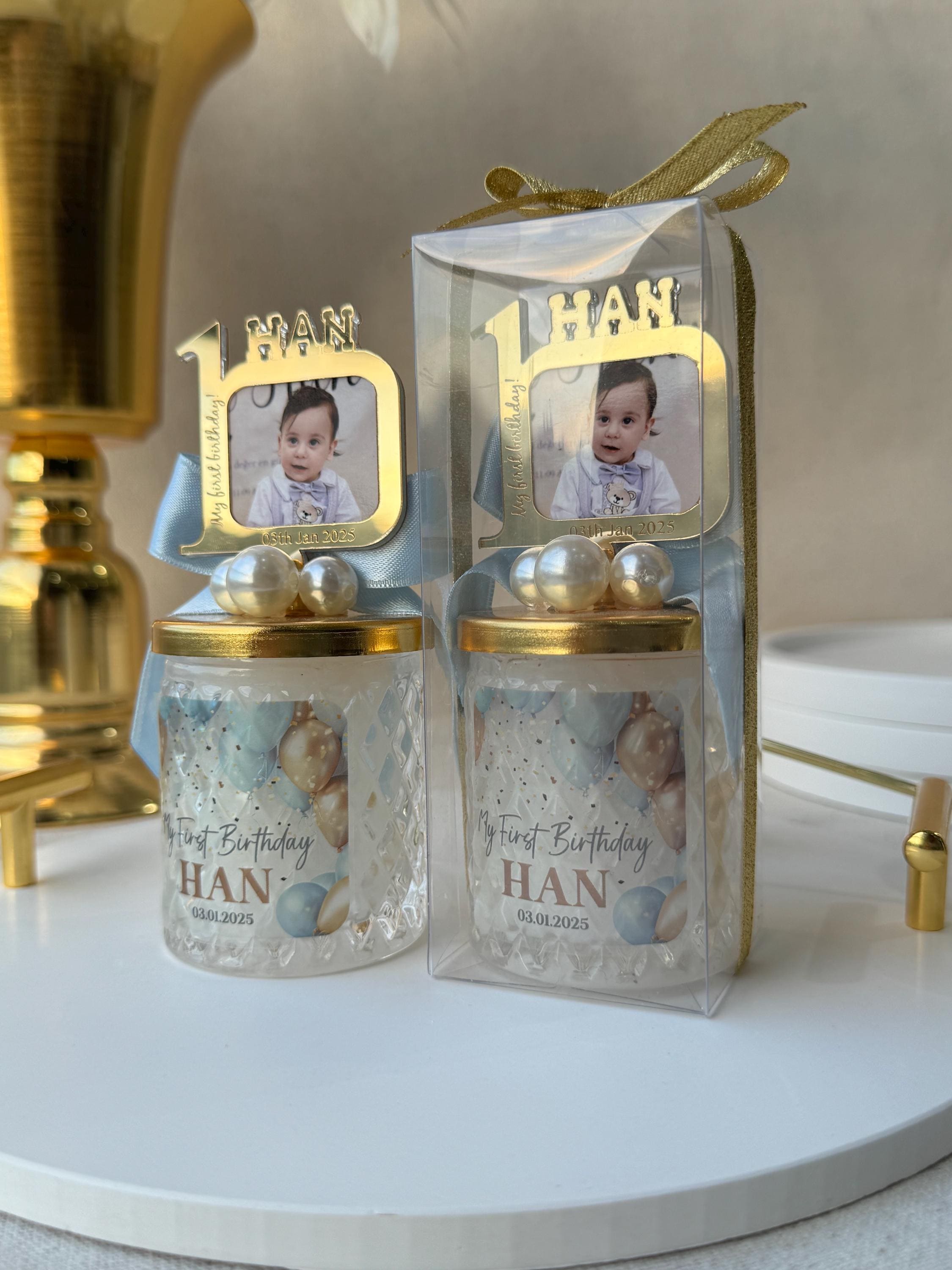 Personalized First Birthday Photo Frame Candle Favor for Guest , Unique Design 1st Birthday Boy and Girl Candle Favors, Baby Picture Frames