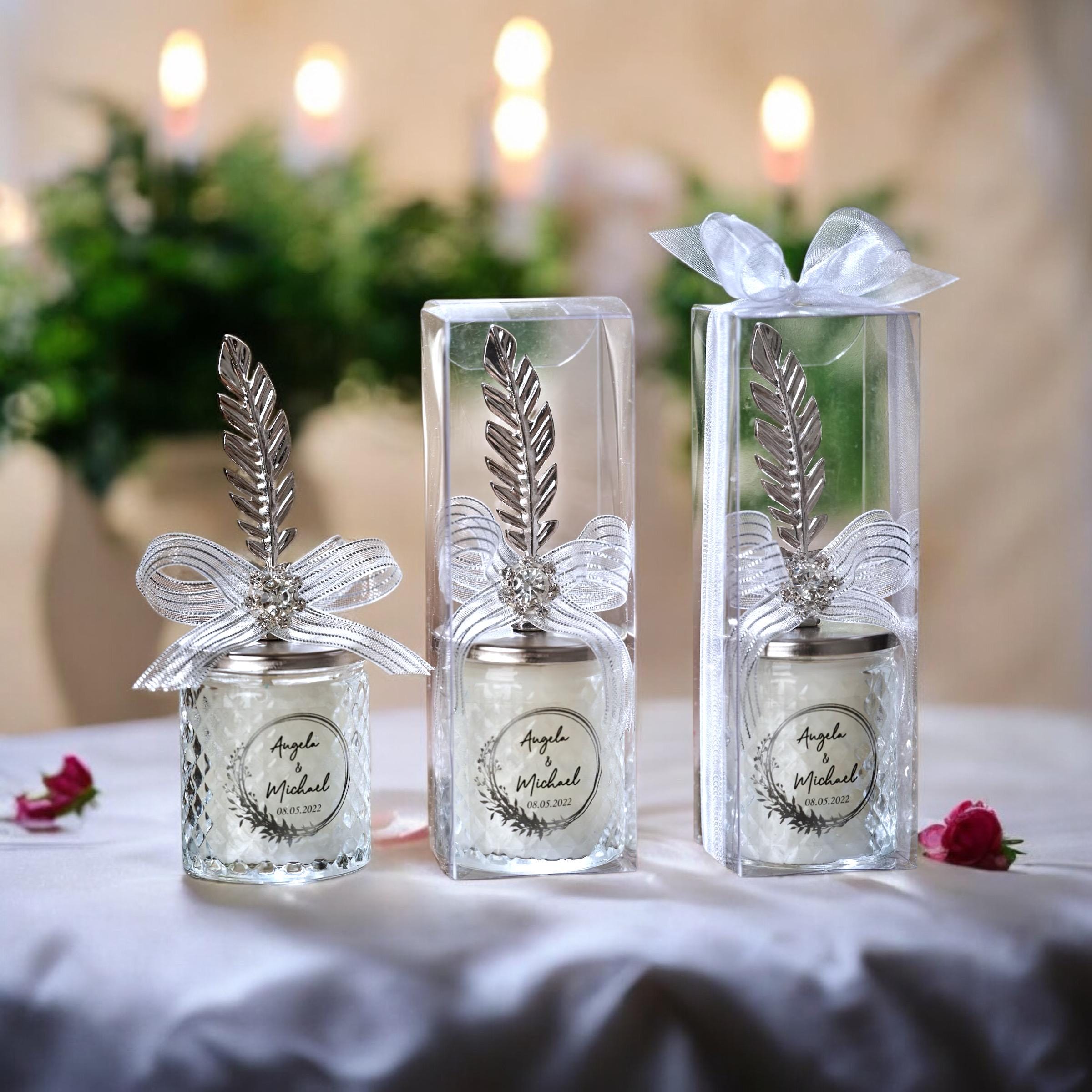 Luxury Silver Wedding Candle Personalized Favor for Guest • Bridal Shower Favors • Bulk Wedding Favors • Thank you Favors • Favors for Guest