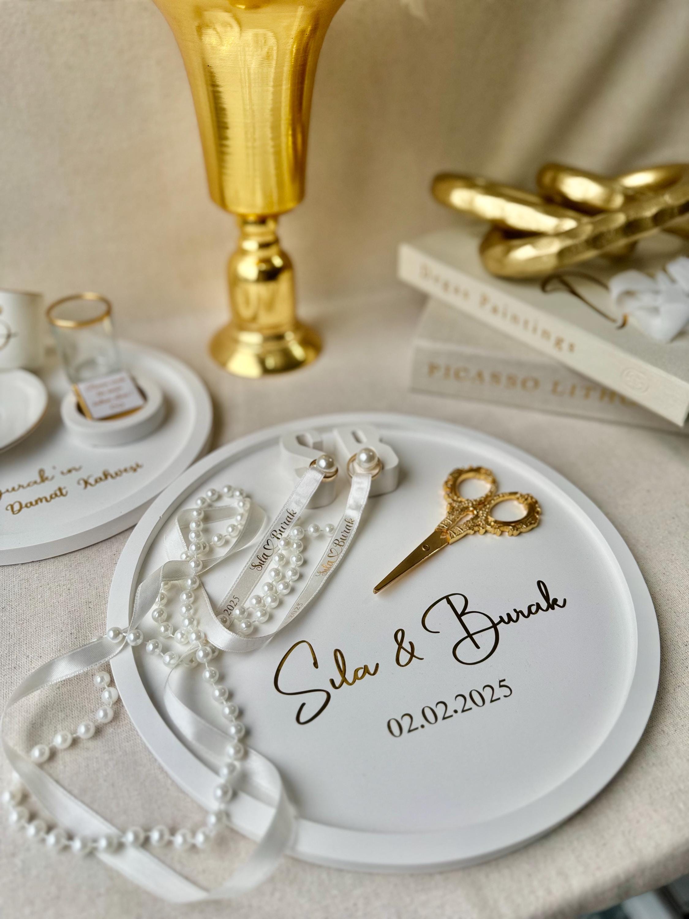 Handmade Engagement & Groom’s Coffee Tray Set – Personalized with Gold Foil, Söz Nişan Tepsisi Damat Kahve Tepsisi, Verlobungstablett