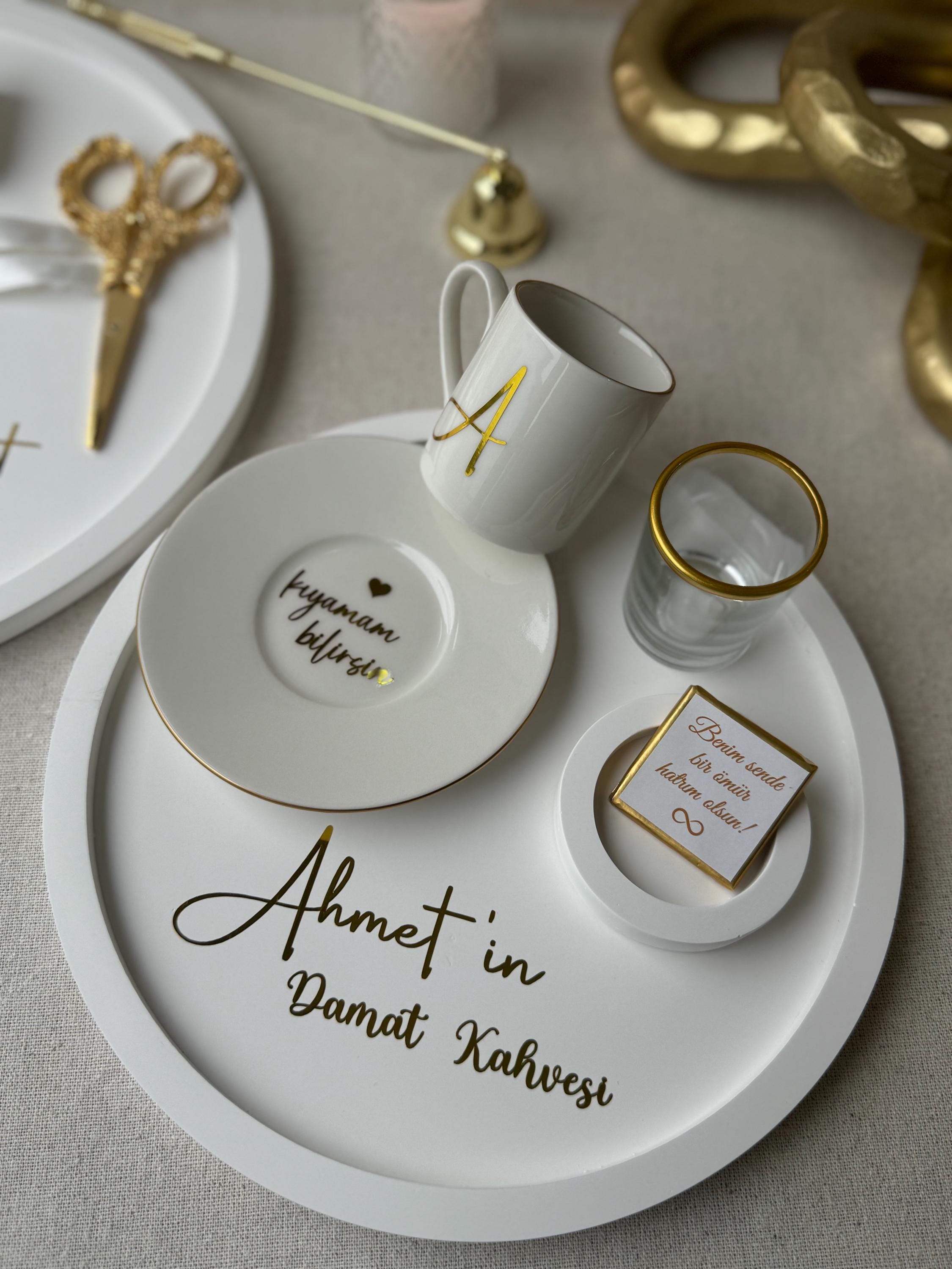 Handmade Engagement & Groom’s Coffee Tray Set – Personalized with Gold Foil, Söz Nişan Tepsisi Damat Kahve Tepsisi, Verlobungstablett