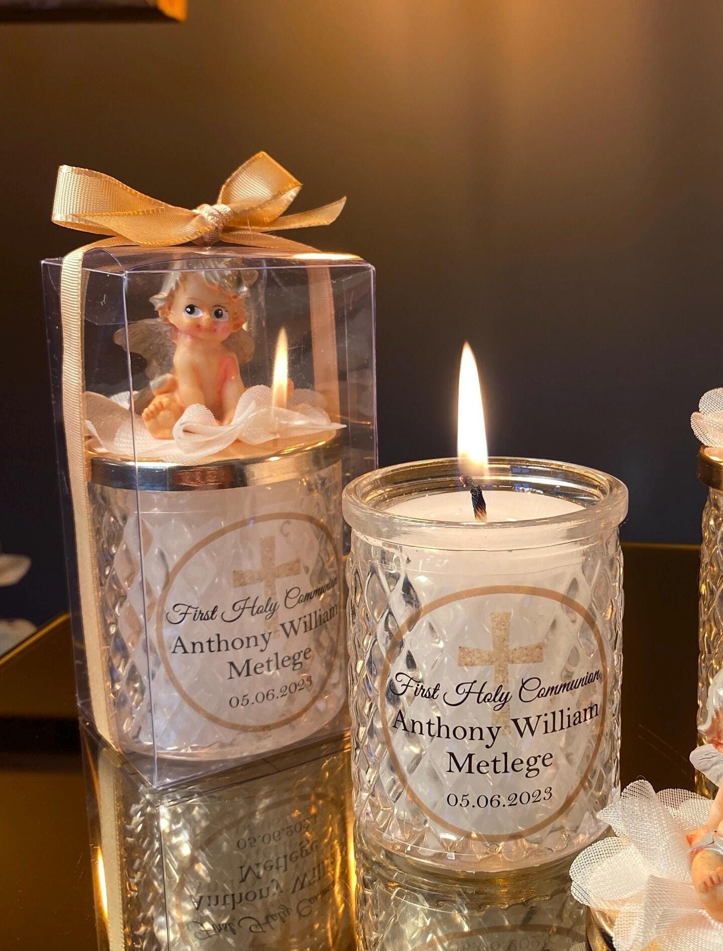 angel baptism lid glass candle first holy communion favor favors gold cross personalized christening