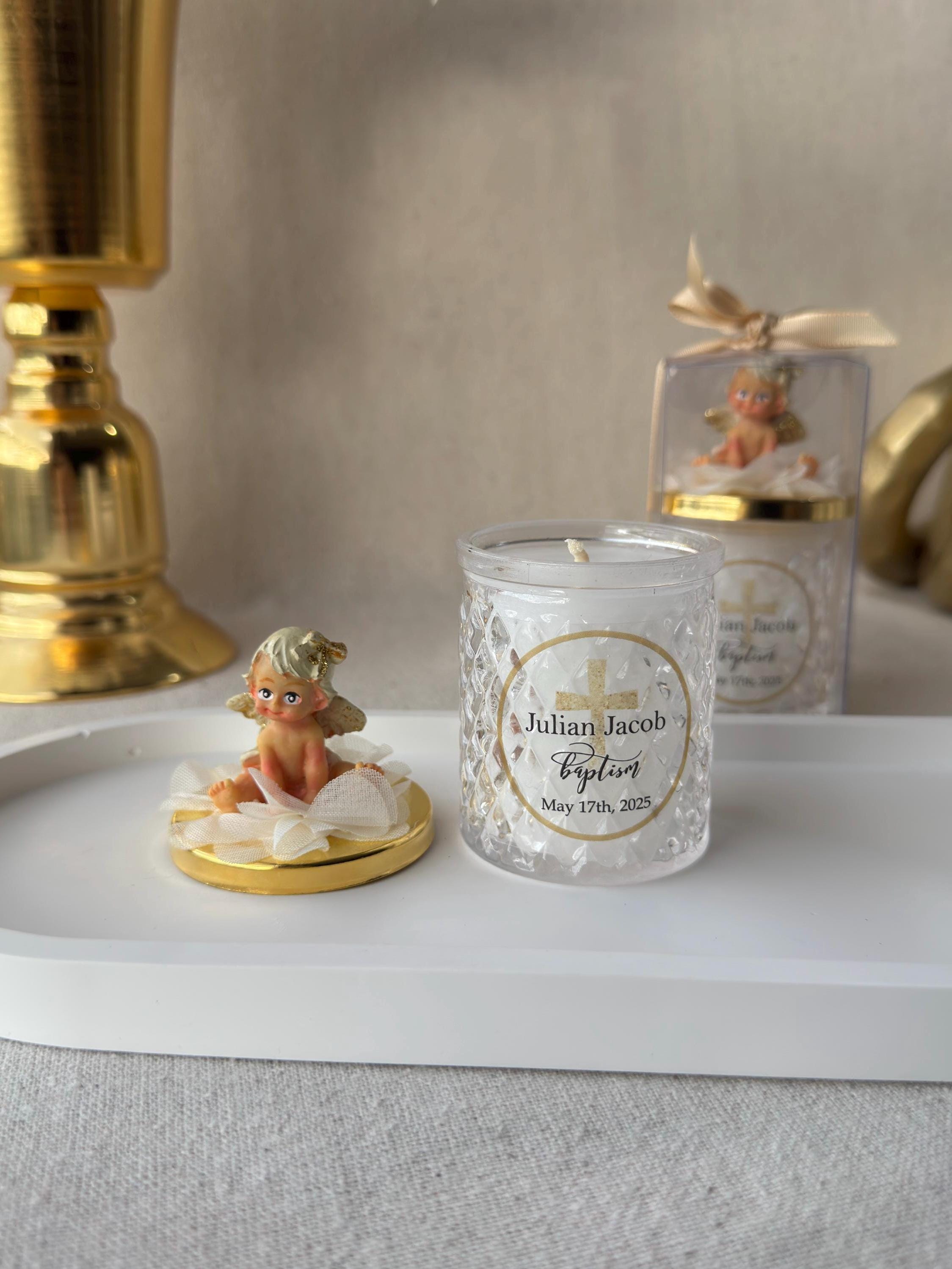 NEW Angle Lid Personalised Baptism Thank you Glass Candle Favor for Guests, Luxury First Holy Communion Favors, Christening Favor for Guest