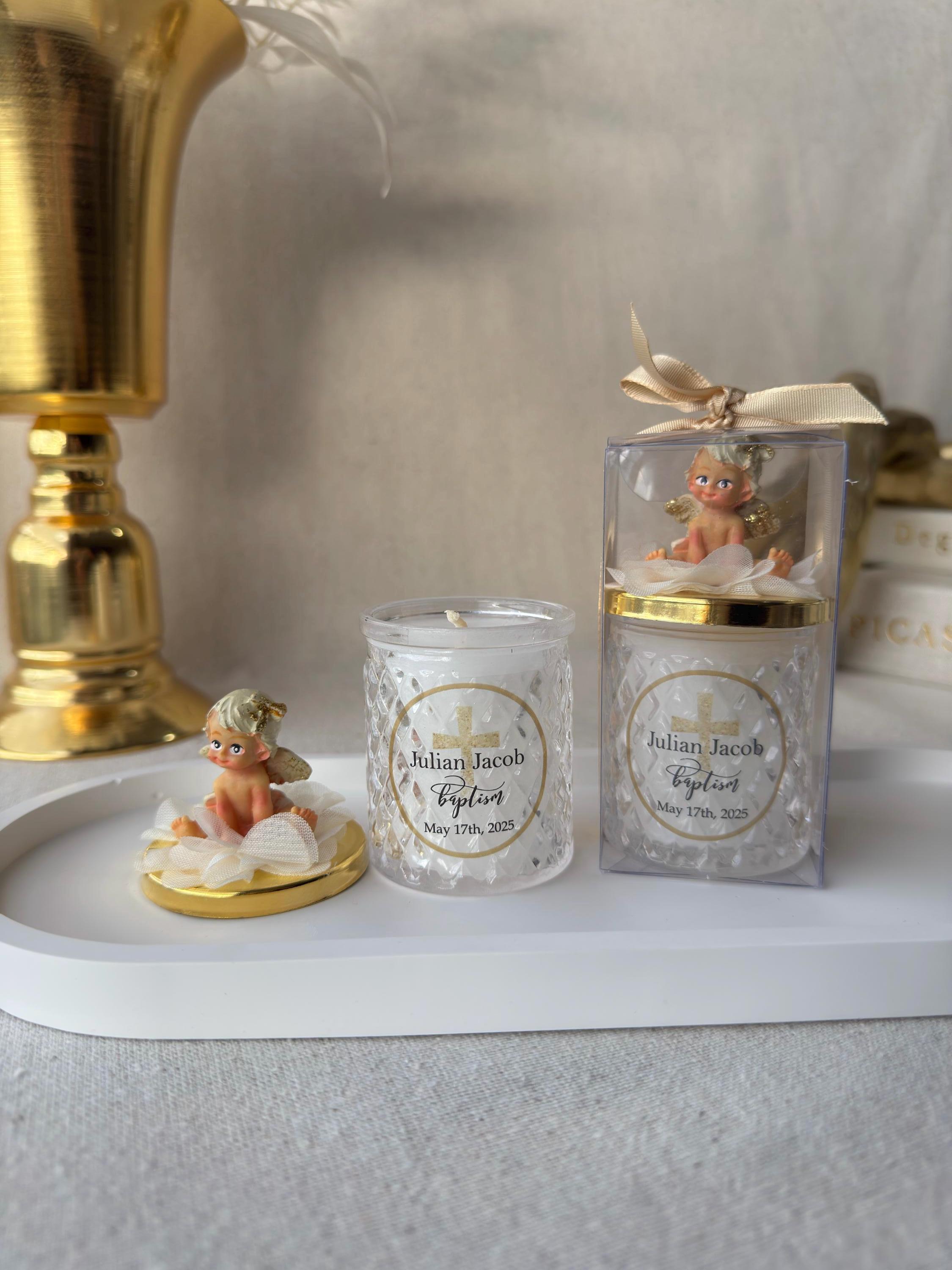 NEW Angle Lid Personalised Baptism Thank you Glass Candle Favor for Guests, Luxury First Holy Communion Favors, Christening Favor for Guest