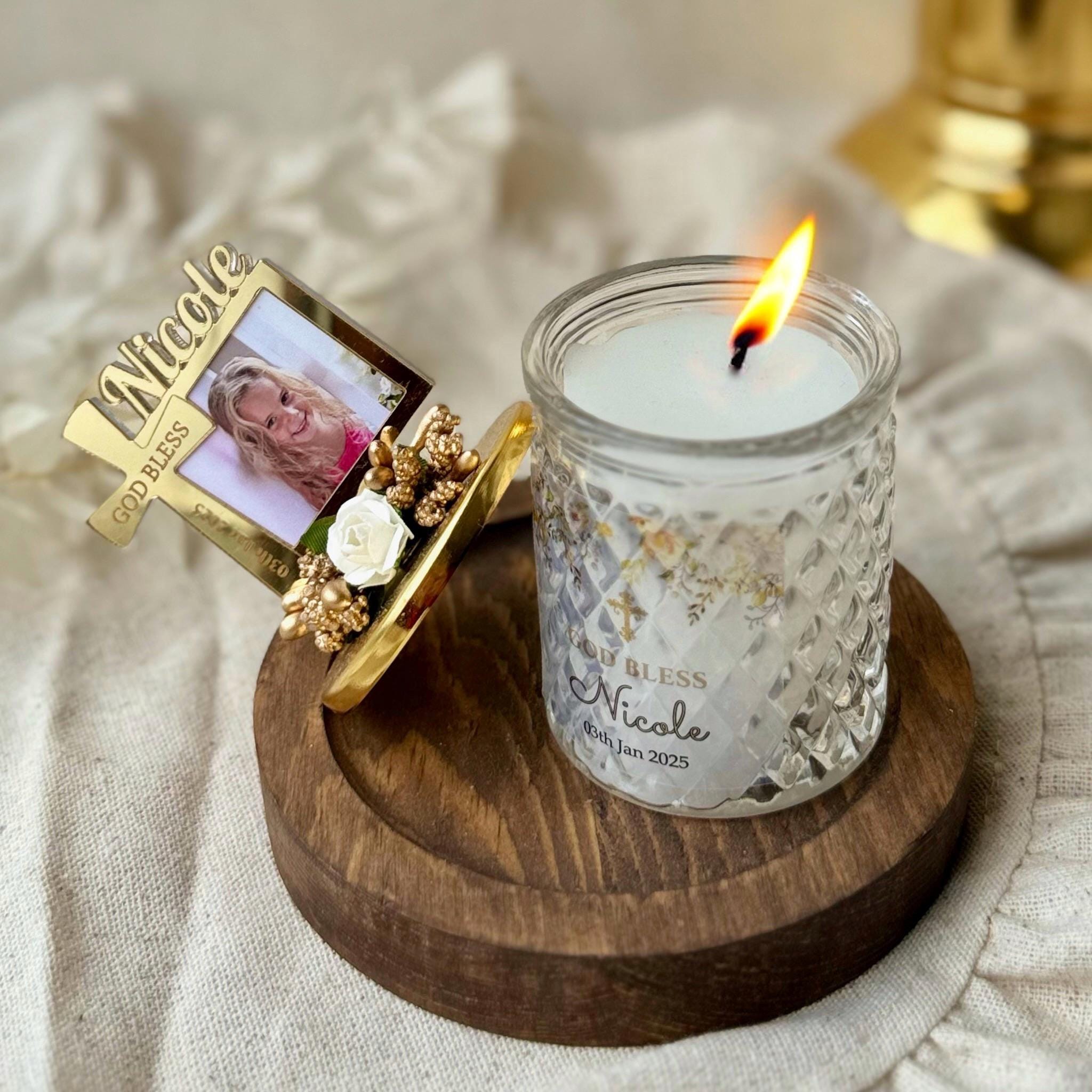 Custom Photo Frame Baptism Candle Favors, First Holy Communion Favor for Guests, Elegant Custom Christening Candle Favors Boy and Girl