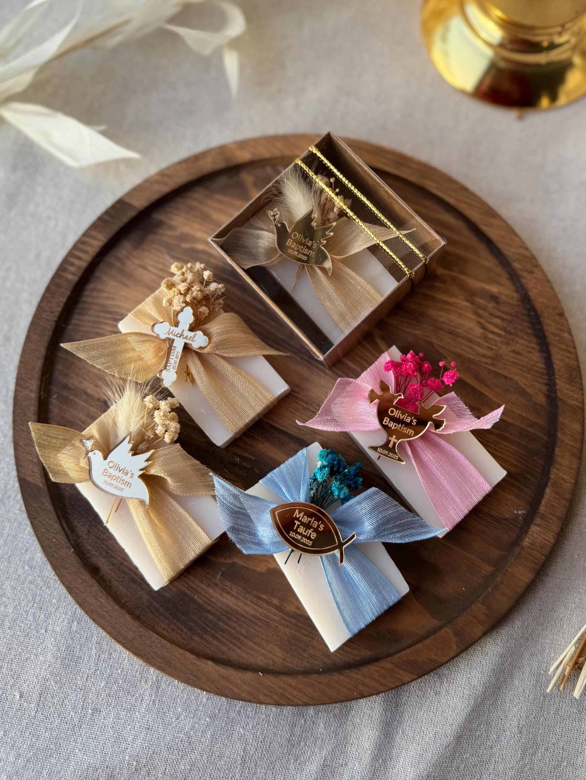 Baptism Soap Favor Gift Set Custom Design Mirror Tag Cross Charm Ribbon Decoration Religious Keepsake Baptism Gift Turkish Bath Scented Soap
