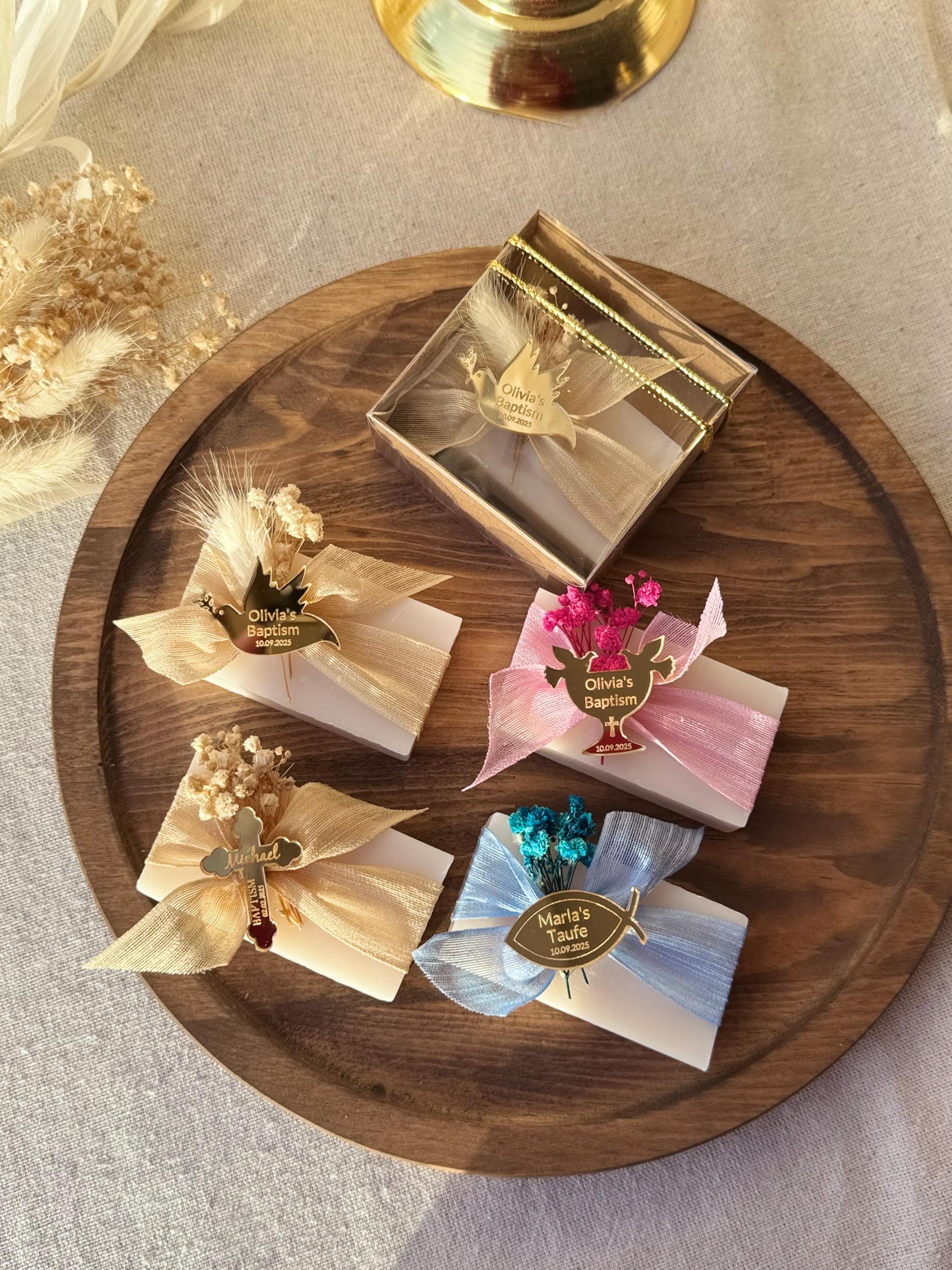 Personalized Baptism Gift Set Turkish Bath Soap Collection Custom Mirror Tag Design Cross Charm Package Religious Ceremony Favor Premium Quality Construction Elegant Ribbon Display Beautiful Spiritual Keepsake Special Memory Gift Collection