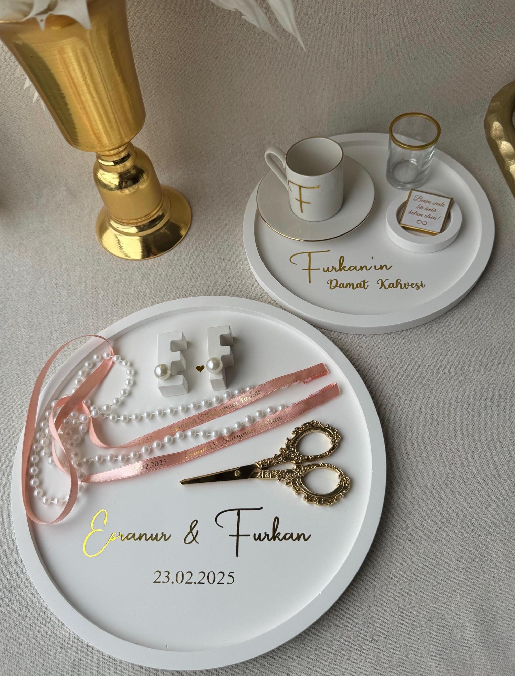 Handmade Engagement & Groom’s Coffee Tray Set – Personalized with Gold Foil, Söz Nişan Tepsisi Damat Kahve Tepsisi, Verlobungstablett