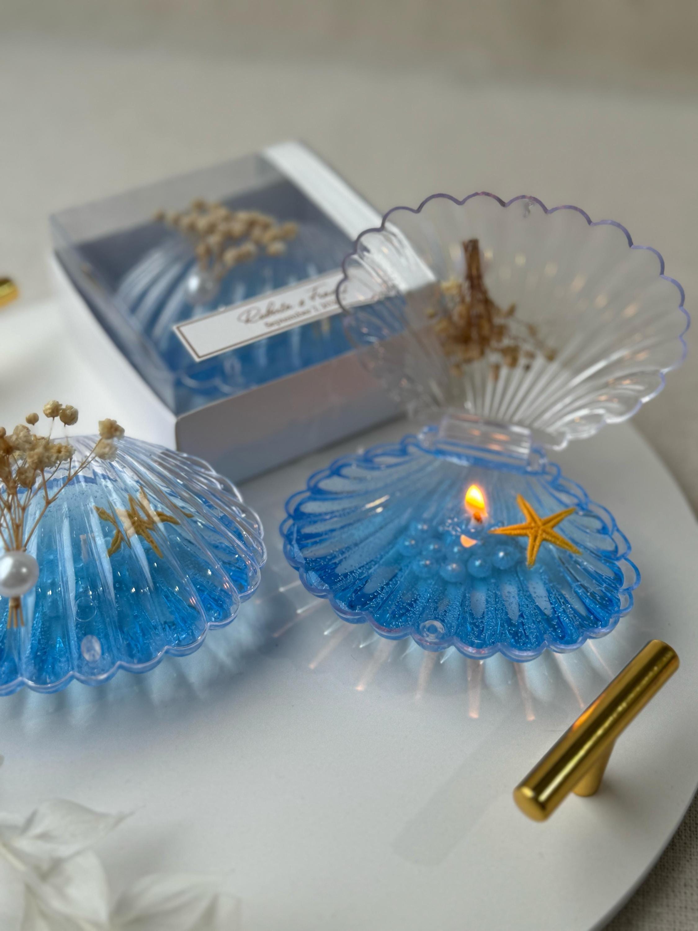 Handmade Ocean Theme Beach Wedding Pearl and Sea Shell Candle Favors for Guests, Pearl Candle Favor Decorated with Flower, Thank You Favors