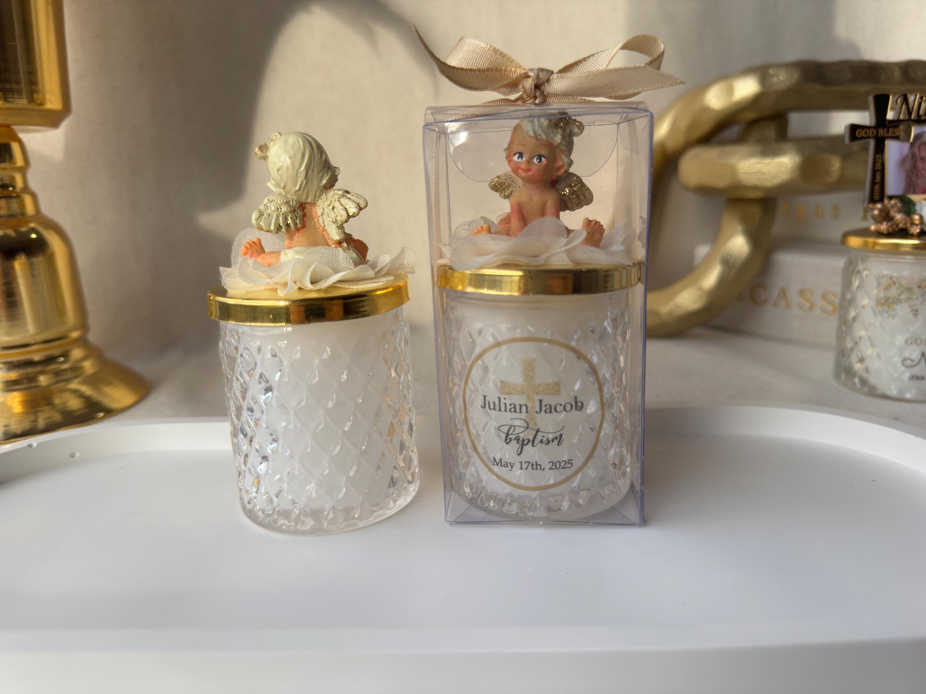 NEW Angle Lid Personalised Baptism Thank you Glass Candle Favor for Guests, Luxury First Holy Communion Favors, Christening Favor for Guest