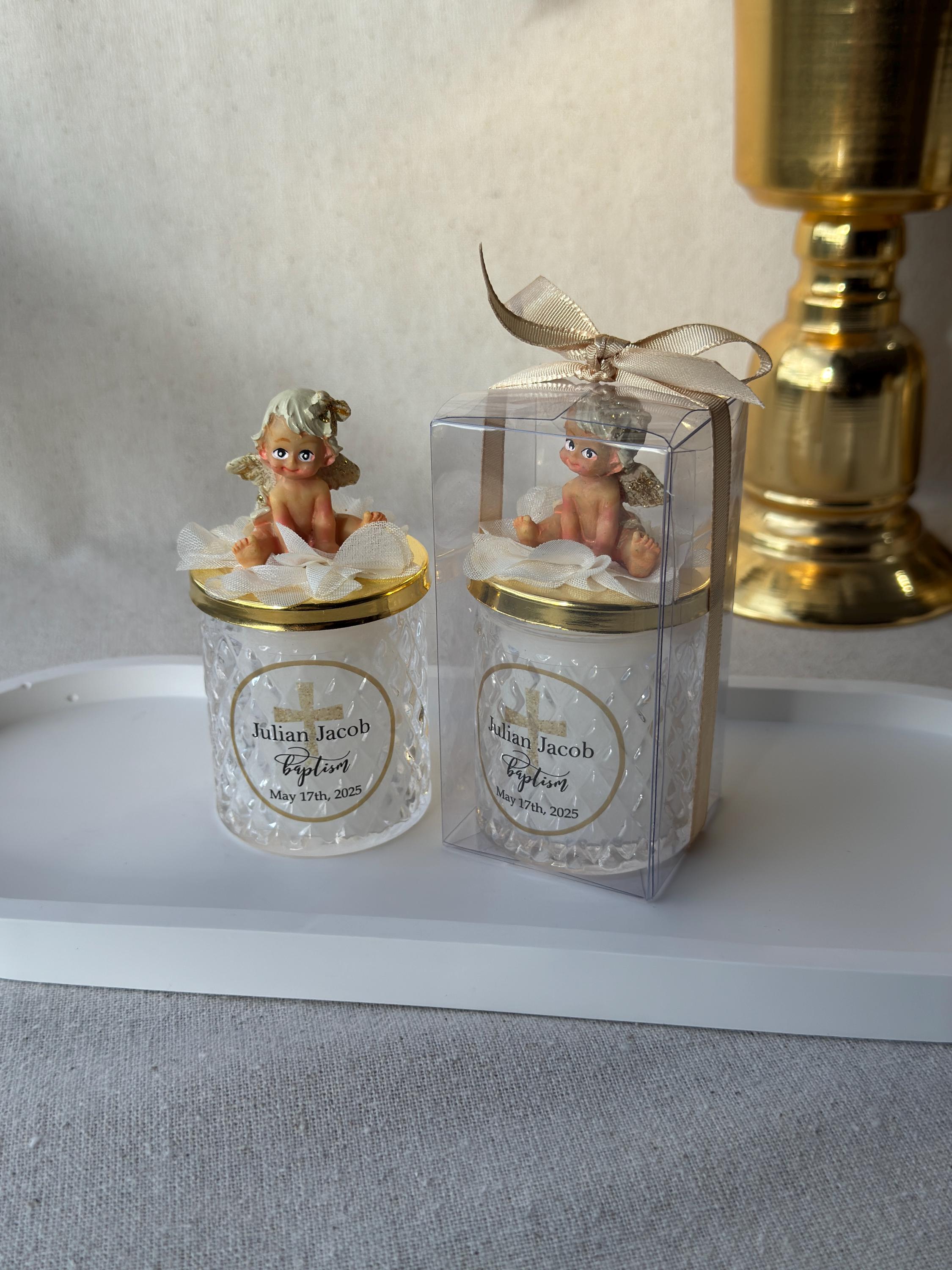NEW Angle Lid Personalised Baptism Thank you Glass Candle Favor for Guests, Luxury First Holy Communion Favors, Christening Favor for Guest