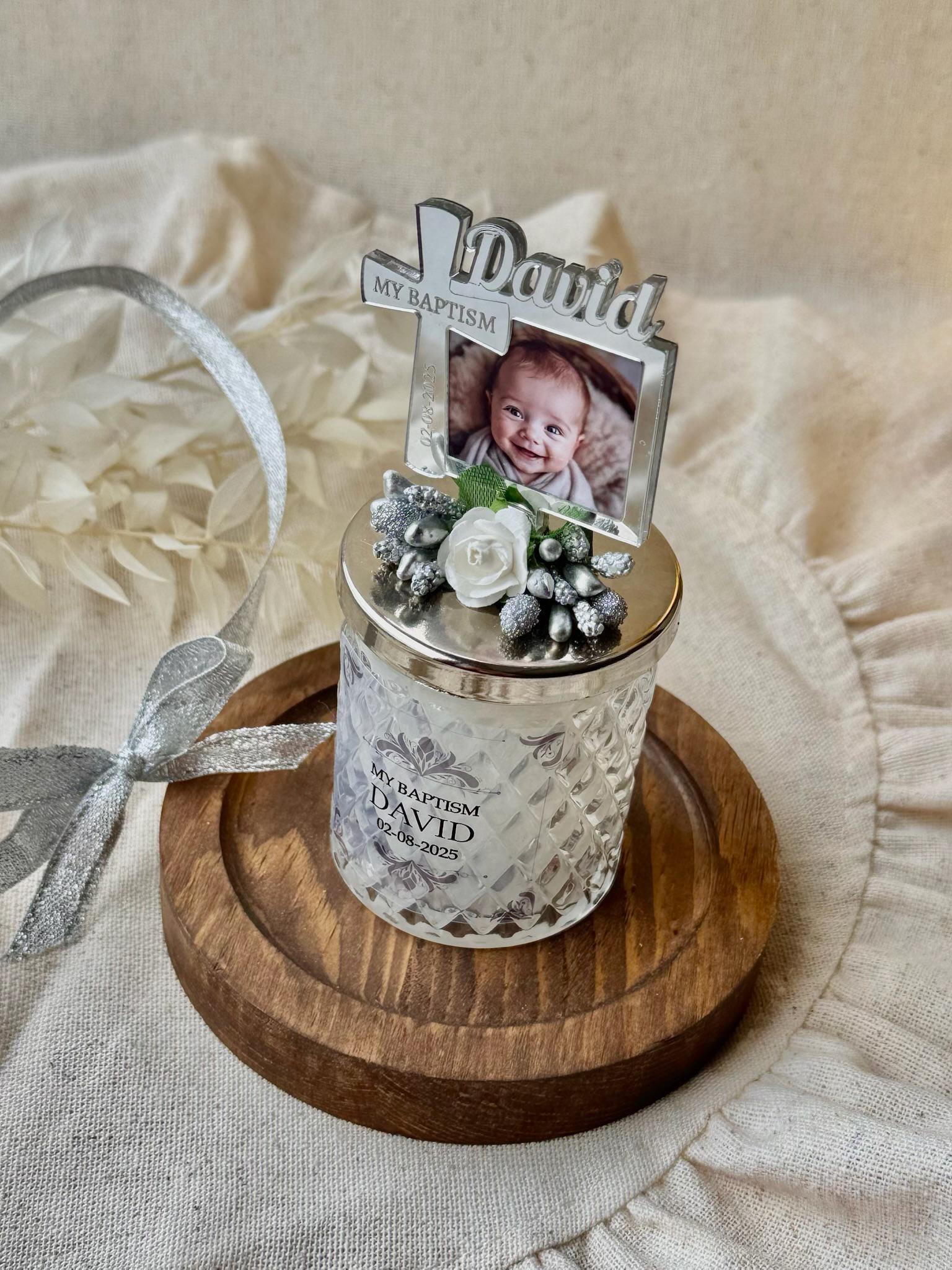Personalized Baptism Photo Frame Candle Favors, First Holy Communion Favor for Guests, Elegant Custom Christening Candle Favors Boy and Girl