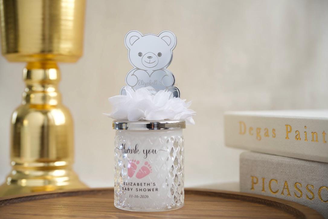 Welcome Baby Shower Favor Keepsake Glass Jar Teddy Bear First Birthday Party Present Infant Room Decor Sign Custom Gift Nursery Package