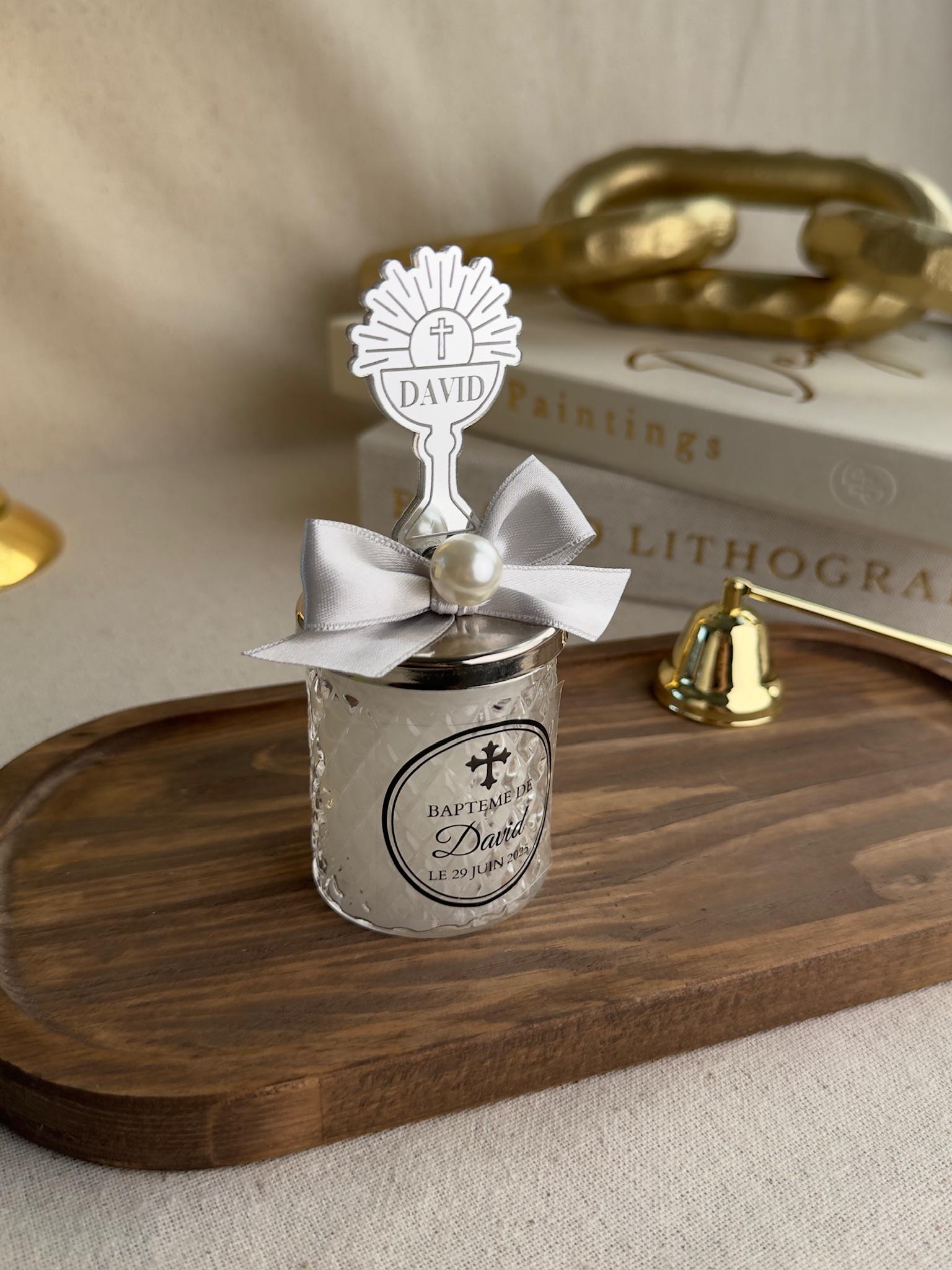 Custom Glass Holder Religious Gift Set Personalized Mirror Design Premium Quality Construction Metal Lid Engraving Pearl Detail Satin Bow Multiple Design Options Beautiful Presentation Box Elegant Style Collection Custom Text Choice