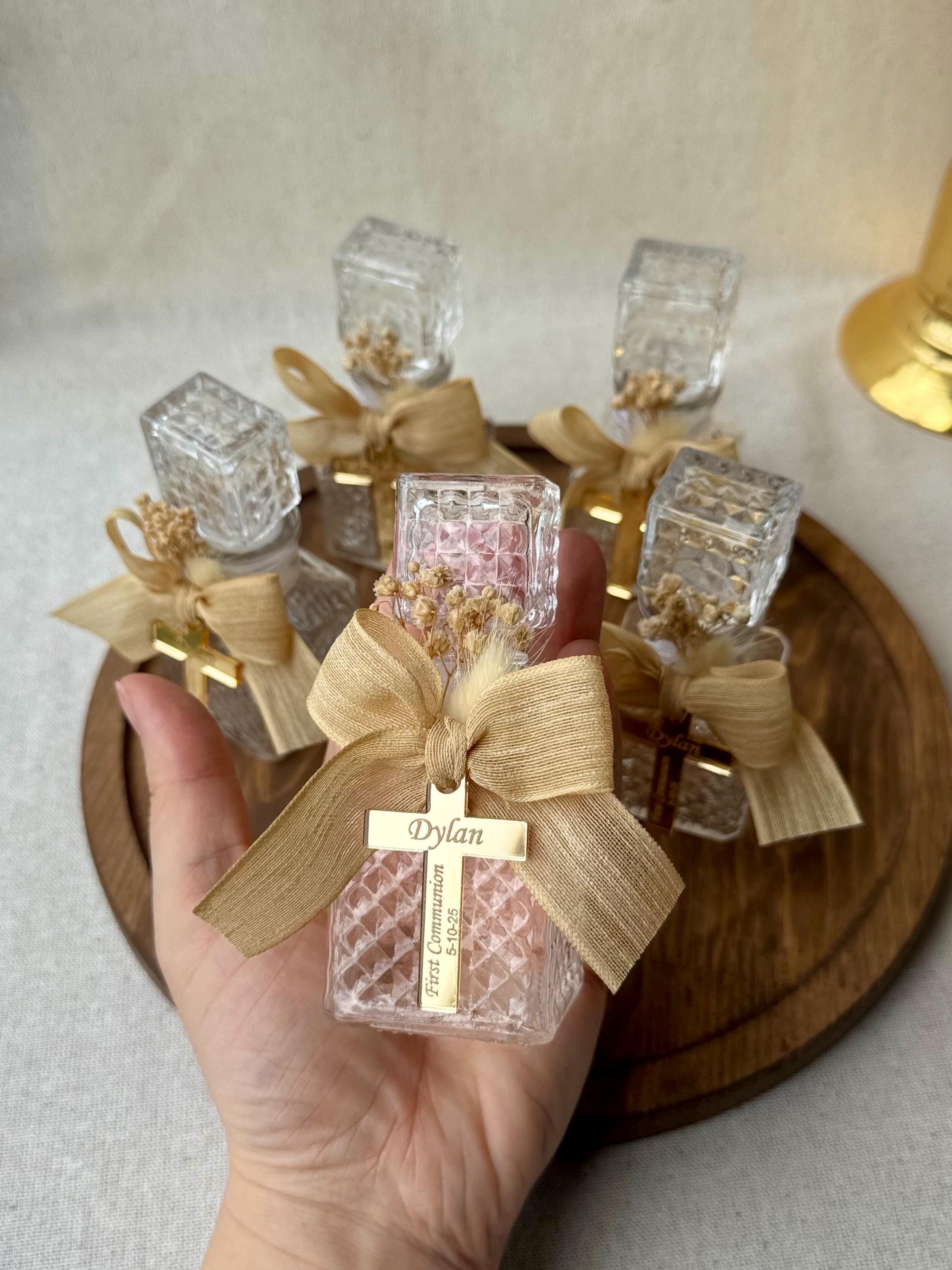 Baptism Bottle Favor Glass Bottle Religious Keepsake Communion Gift First Communion Favors Cross Charm Bottle Decoration Mini Size Burlap
