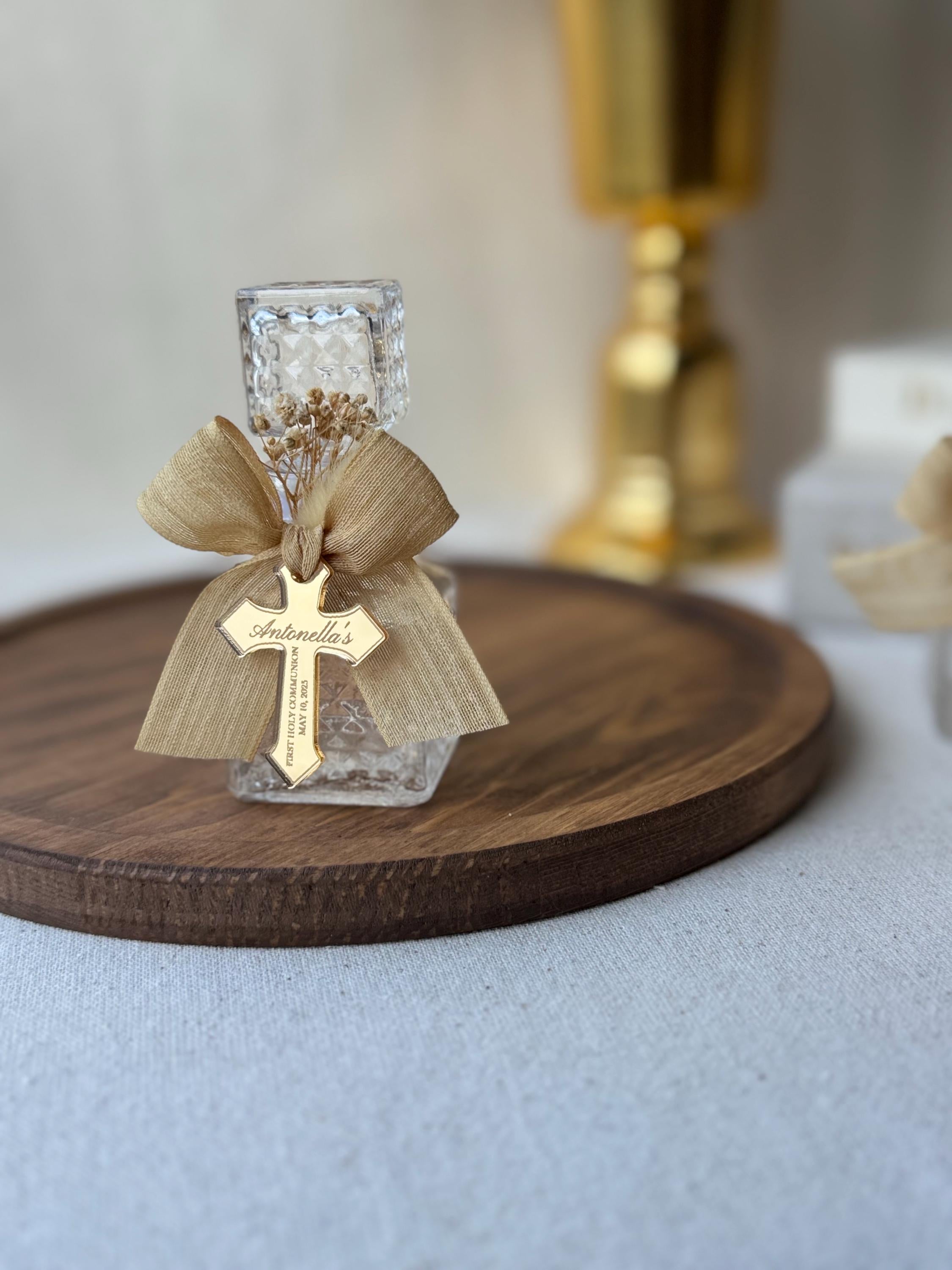 Baptism Bottle Favor Glass Bottle Religious Keepsake Communion Gift First Communion Favors Cross Charm Bottle Decoration Mini Size Burlap