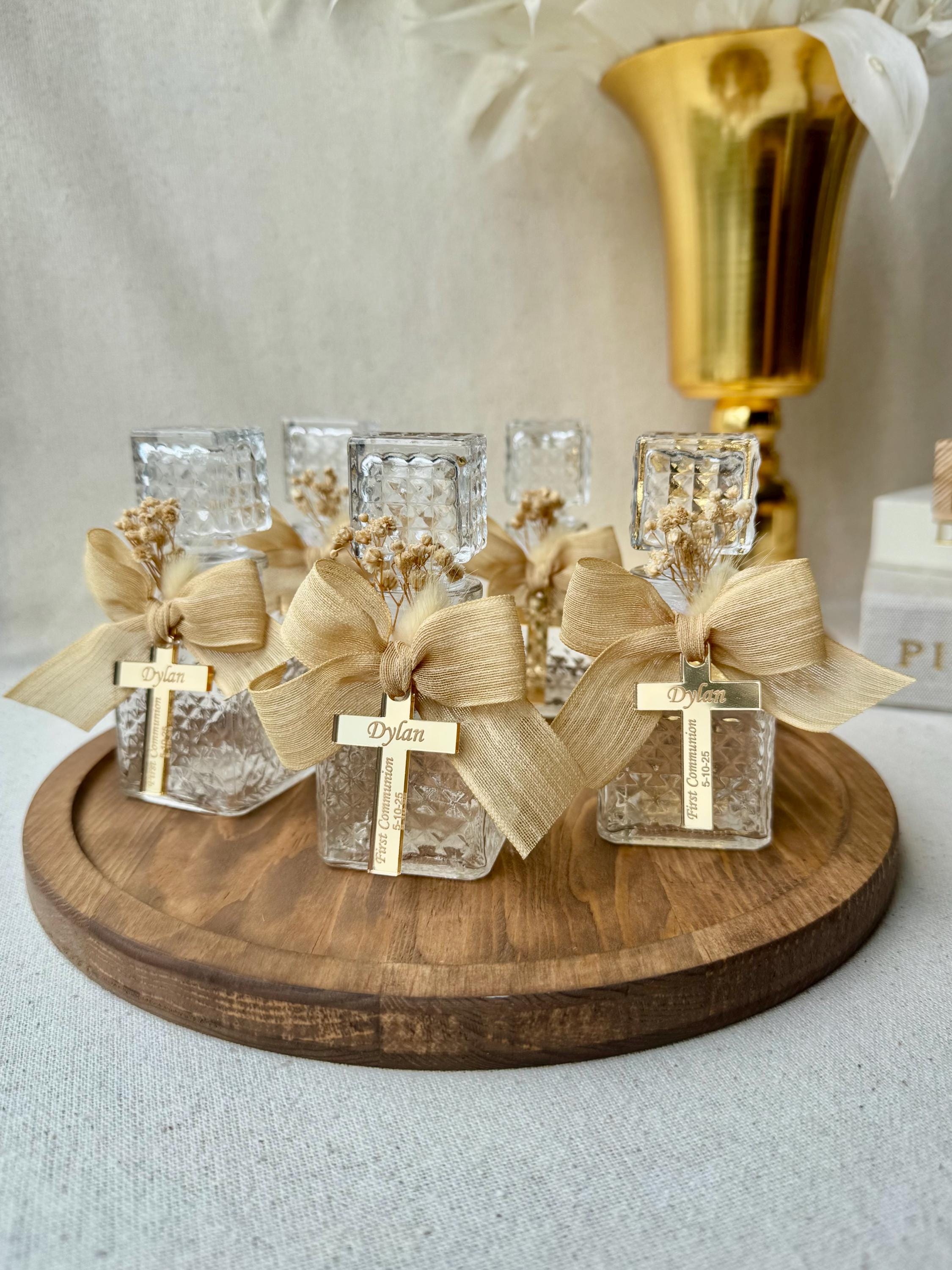 Baptism Bottle Favor Glass Bottle Religious Keepsake Communion Gift First Communion Favors Cross Charm Bottle Decoration Mini Size Burlap
