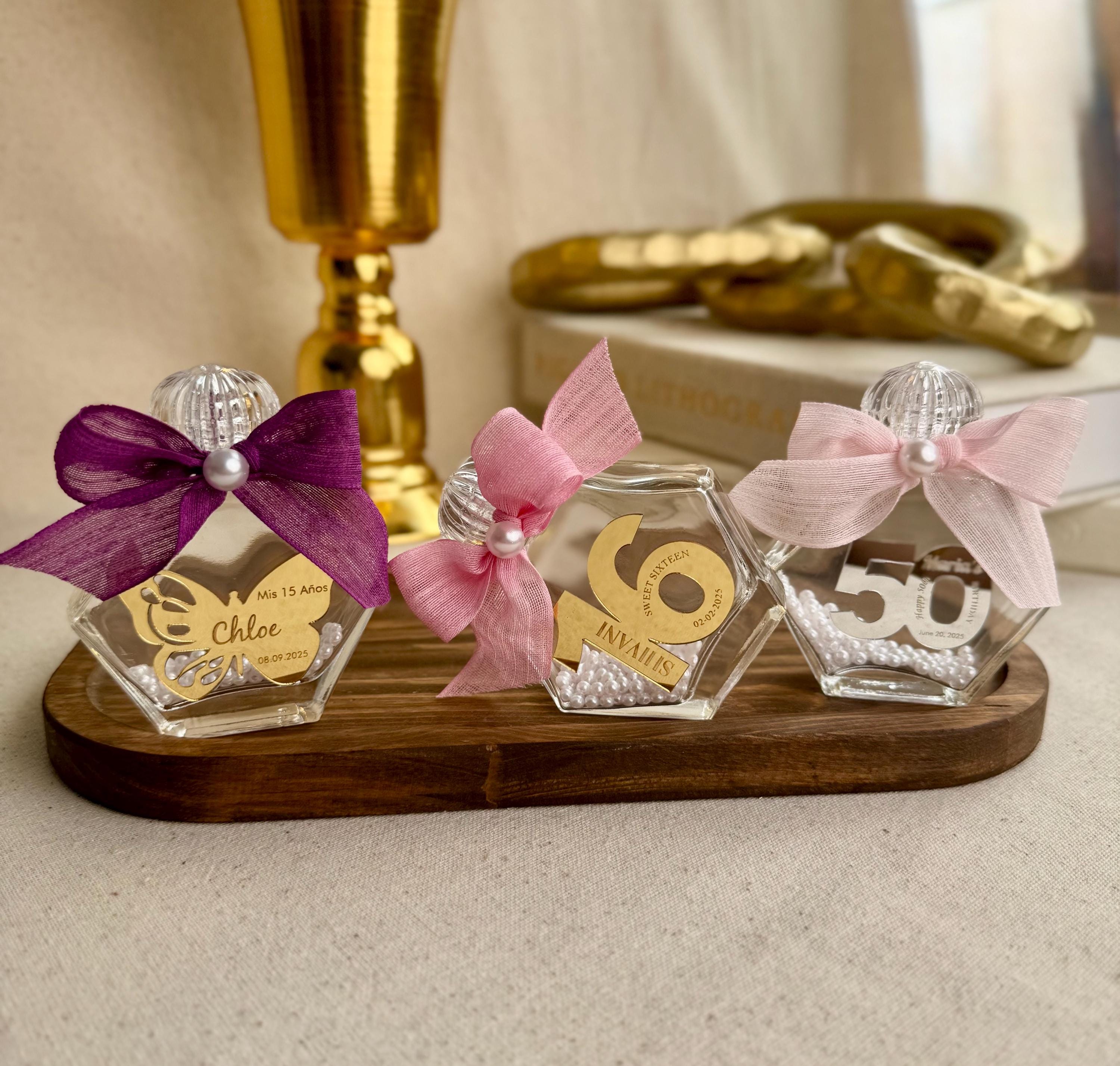 Custom Celebration Container Personalized Party Favor Jar Elegant Glass Design Special Event Gift Pearl Accent Details Premium Quality Construction Hexagonal Shape Display Beautiful Mirror Name Tag Sweet Sixteen Quinceañera Present