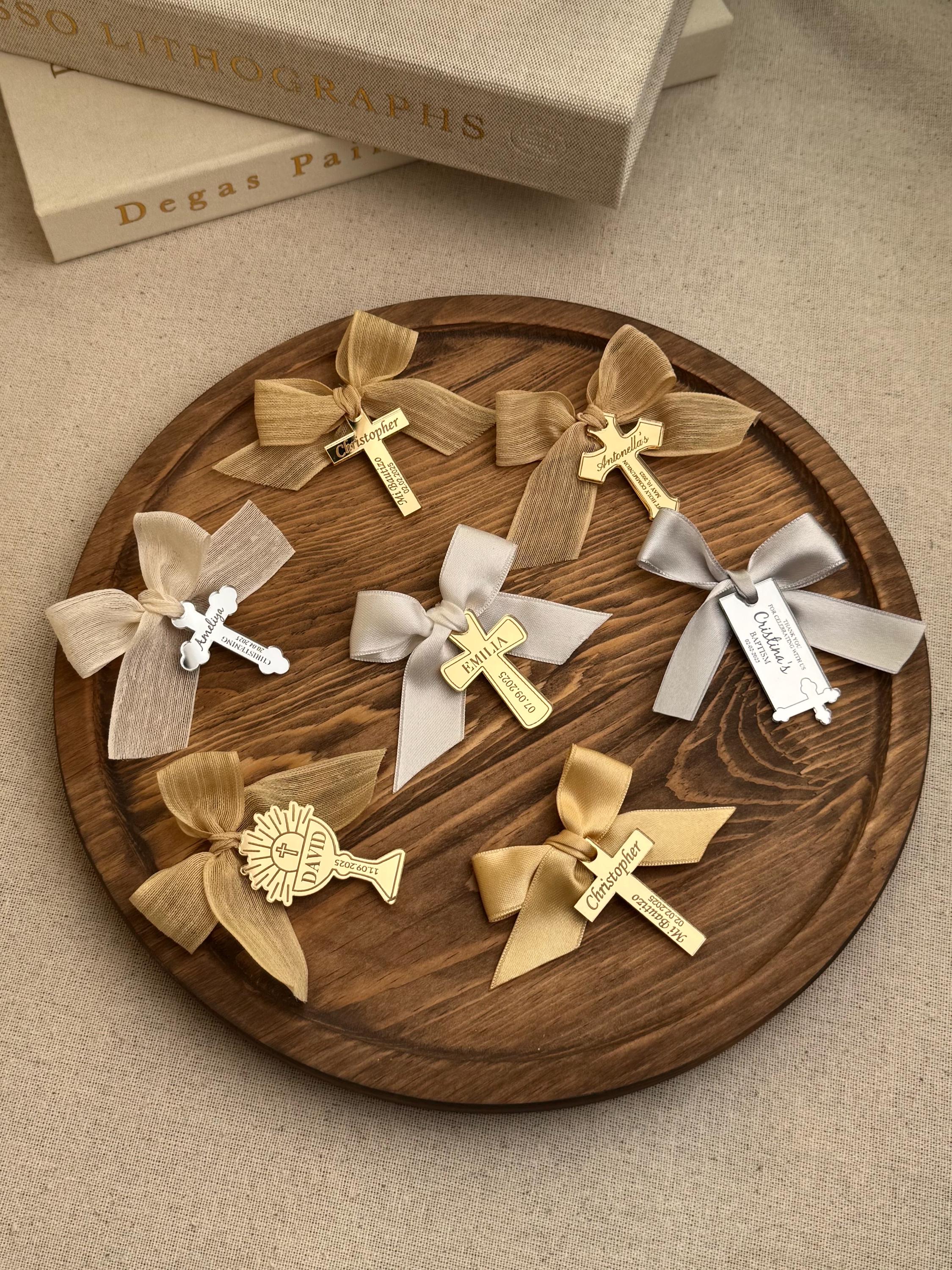 Custom Ceremony Tag Personalized Mirror Finish Premium Acrylic Material Elegant Design Beautiful Religious Symbol Collection Special Celebration Keepsake Gold Silver Options Customizable Message Perfect Gift Choice Lasting Memory Piece