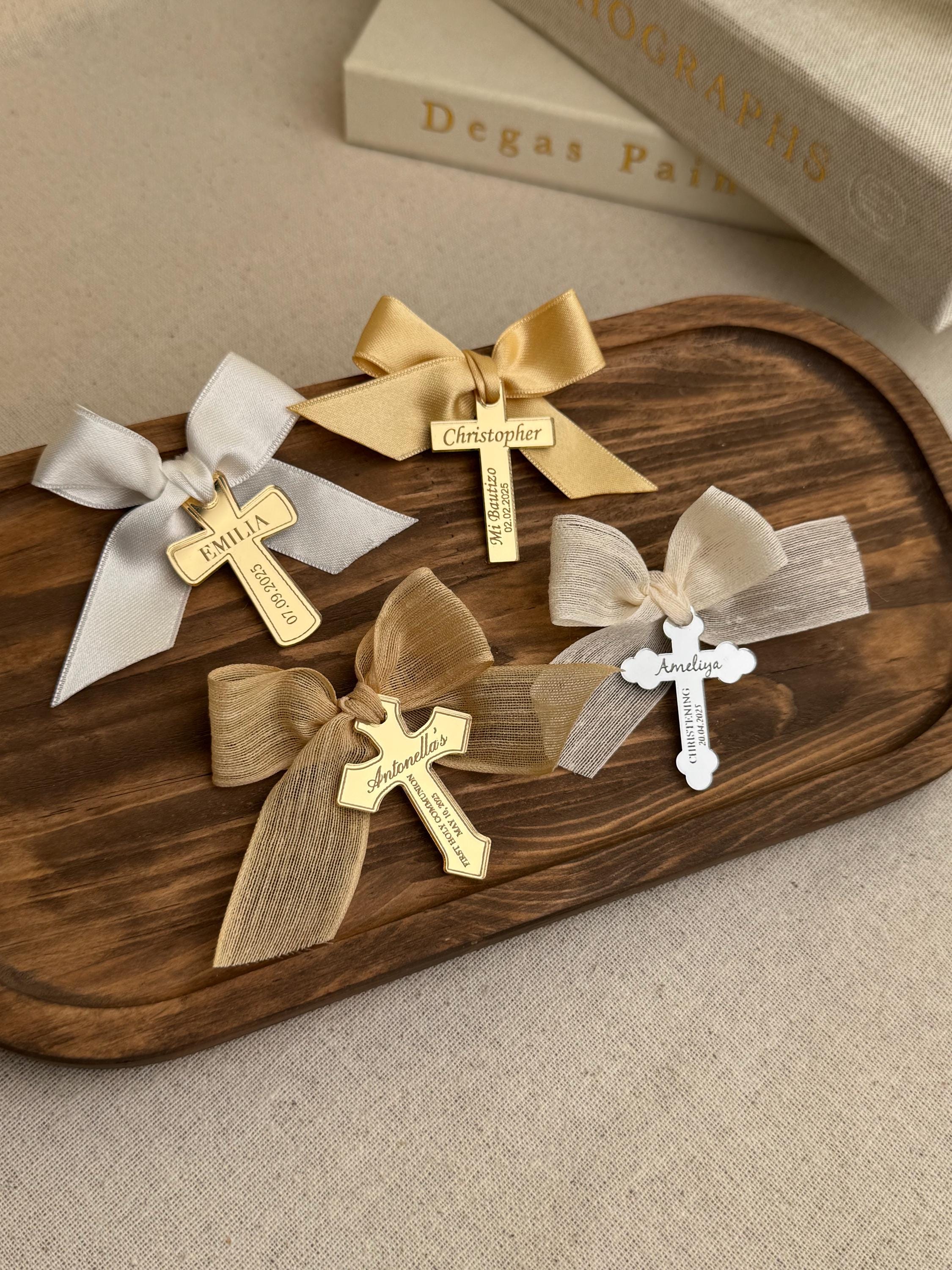 Personalized Religious Tag Custom Mirror Finish Acrylic Charm Elegant Design Special Celebration Keepsake Gold Silver Options Customizable Text Ribbon Choice Premium Quality Construction Beautiful Symbolic Details Perfect Ceremony Gift