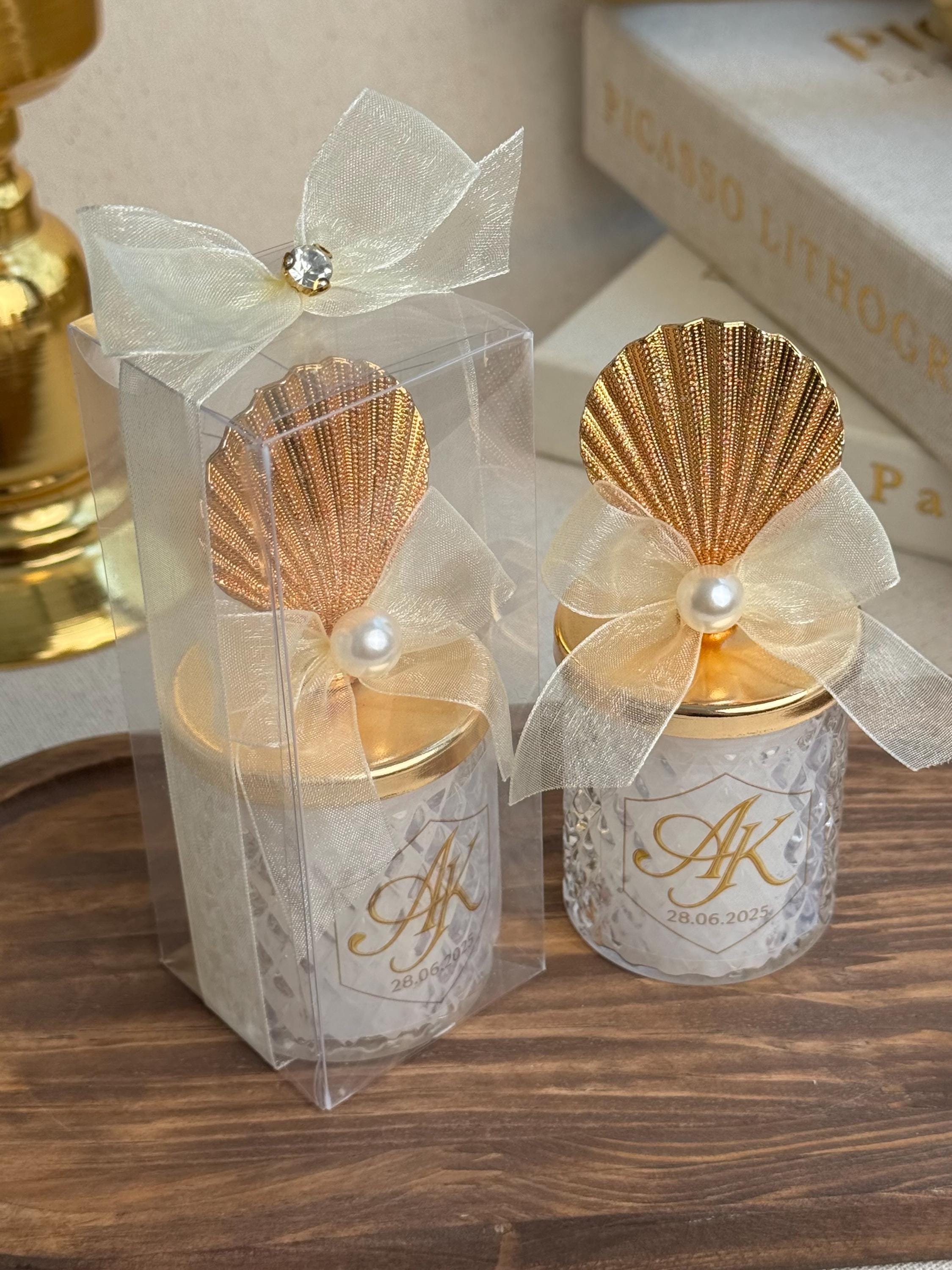 Custom Monogram Candle Elegant Glass Container Wedding Favor Collection Pearl Accent Details Seashell Design Luxury Gift Idea Beautiful Table Setting Premium Quality Construction Perfect Celebration Memory Special Event Essential Handmade