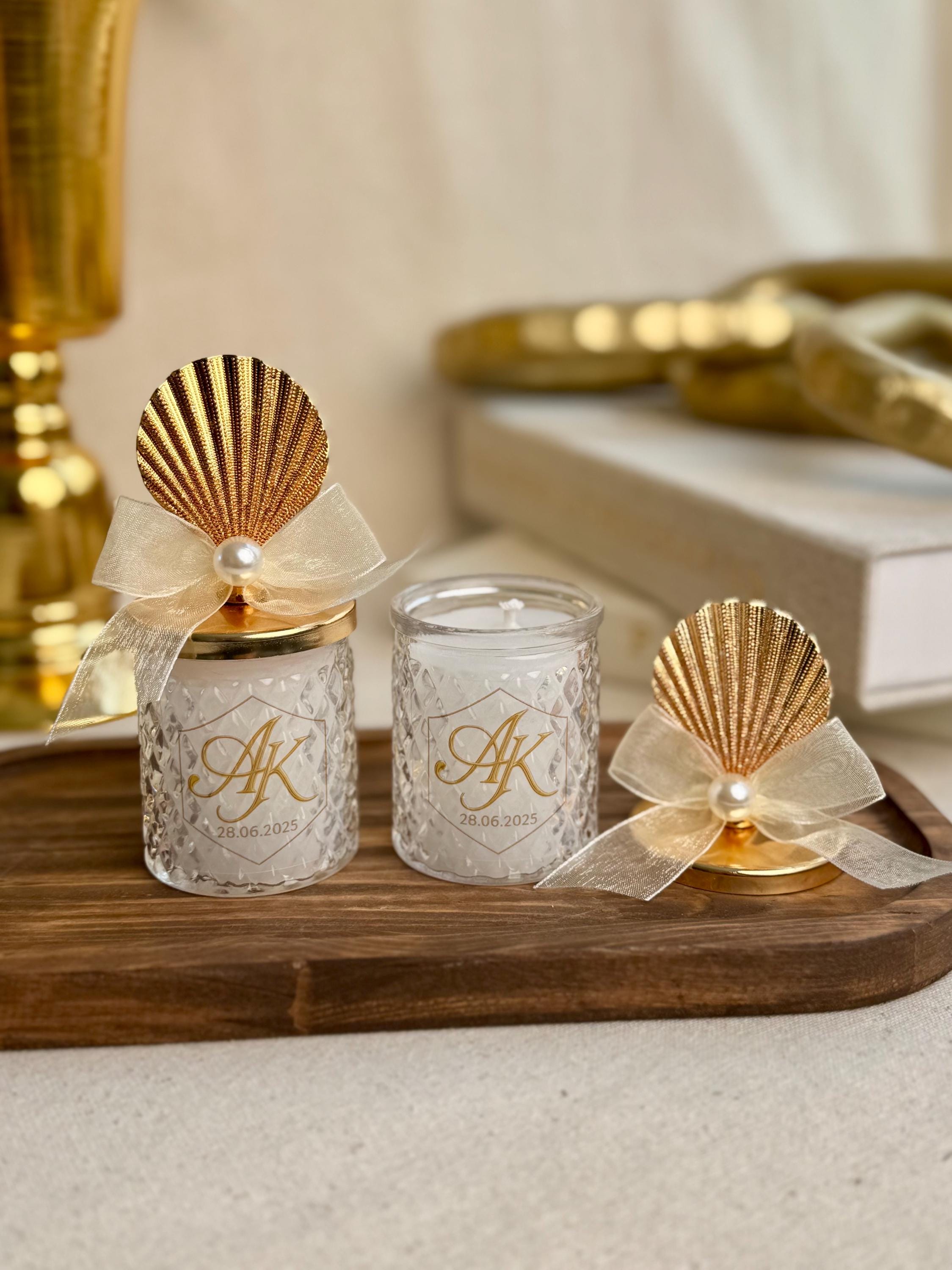 Wedding Gift Collection Personalized Candle Glass Container Pearl Accent Details Seashell Design Custom Monogram Style Luxury Table Setting Premium Quality Construction Perfect Celebration Memory Special Event Essential Handmade Creation