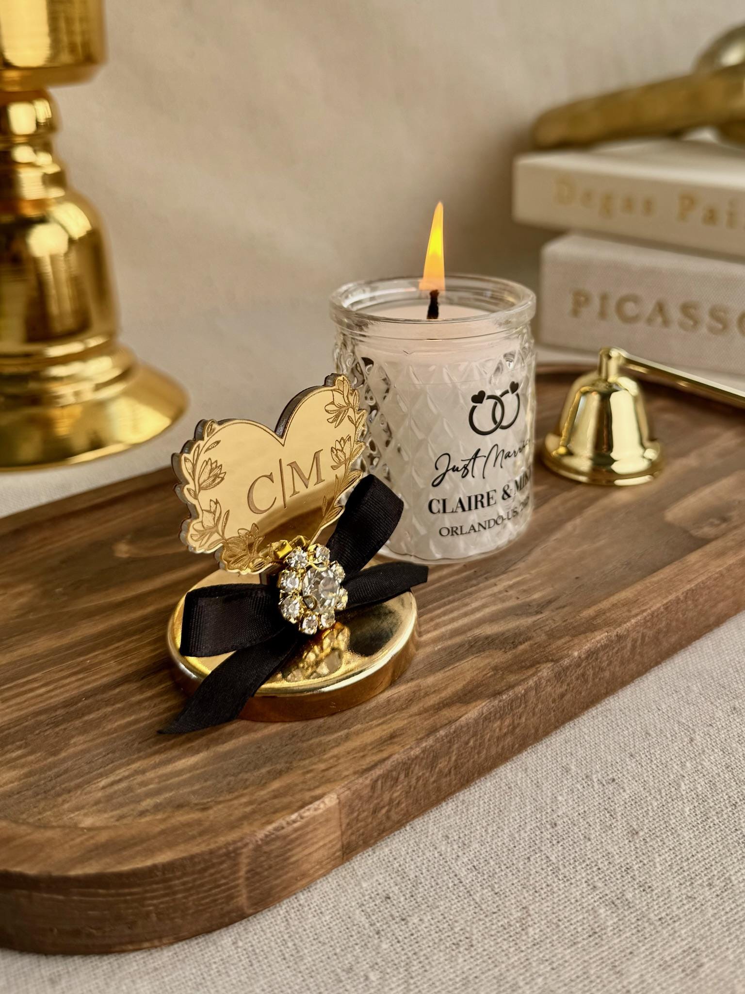 Luxury Wedding Gift Personalized Candle Collection Premium Mirror Topper Design Gold Accent Details Elegant Glass Jar Presentation Beautiful Reception Display Custom Name Option Rhinestone Embellished Lid Special Guest Favor Memorable