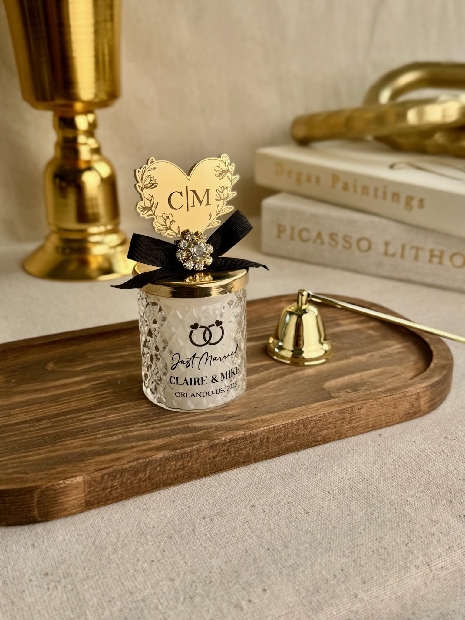 Personalized Wedding Favor Candle Gift Box Presentation Mirror Topper Gold Accent Jar Decoration Luxury Keepsake Bridal Memento Guest Gift