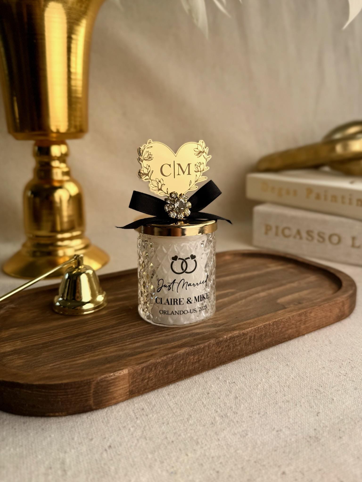Elegant Wedding Favor Premium Candle Collection Personalized Mirror Design Gold Accent Details Custom Glass Presentation Beautiful Reception Display Luxury Gift Package Rhinestone Enhanced Special Guest Keepsake Memory Collection Table