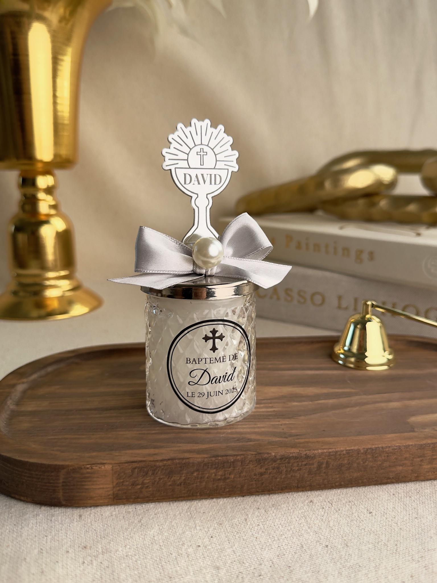 Personalized Baptism Favor Glass Candle Holder Custom Mirror Design Religious Gift Set Premium Quality Construction Metal Lid Engraving Pearl Accent Satin Bow Multiple Design Options Elegant Style Collection Custom Text Choice Beautiful