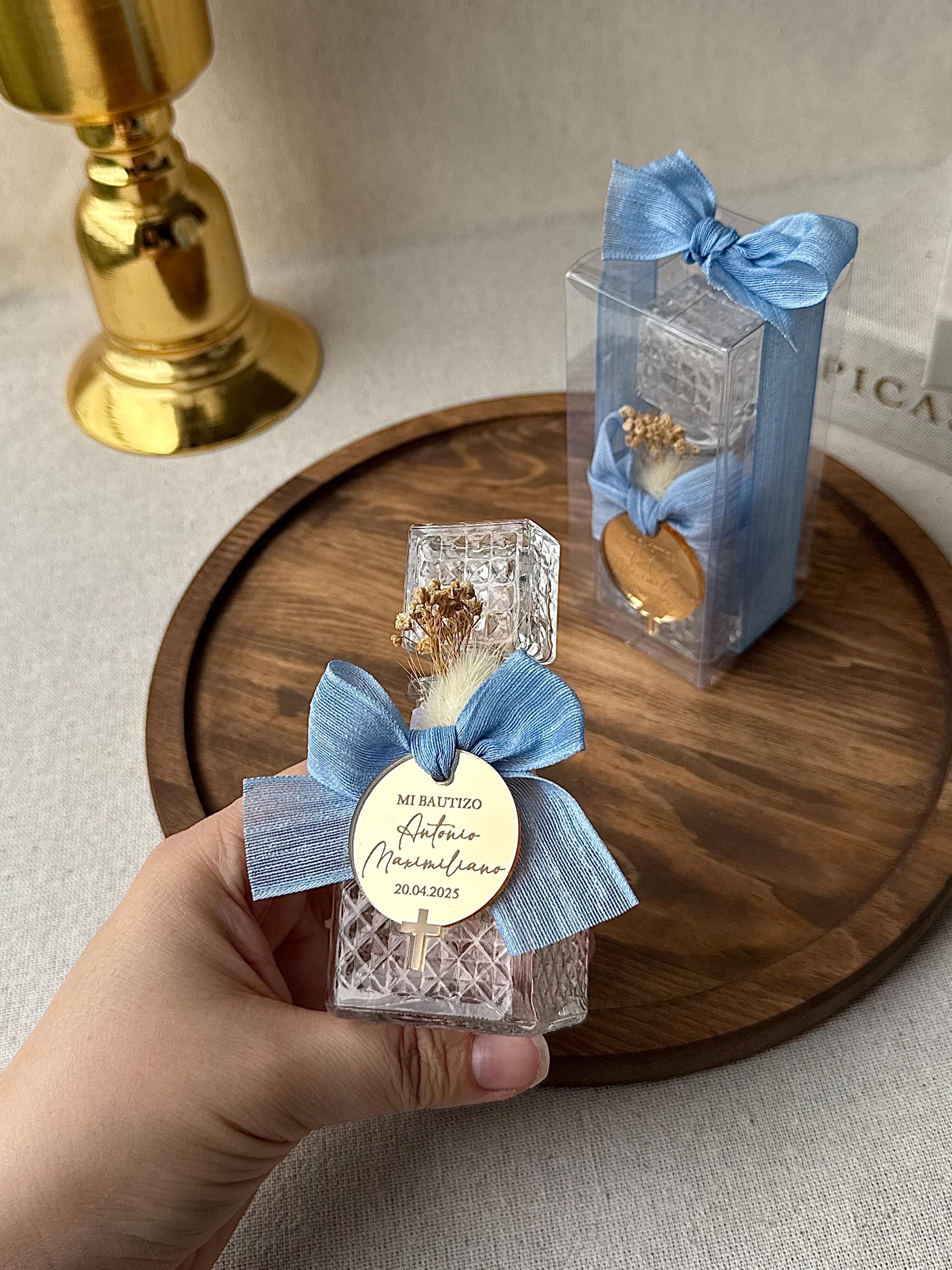 Blue Ribbon Glass Bottle Vintage Style Baptism Favor Cross Charm Decoration Religious Ceremony Gift Baby Breath Flowers Beautiful Keepsake Collection First Communion Traditional Design Elegant Presentation Box Special