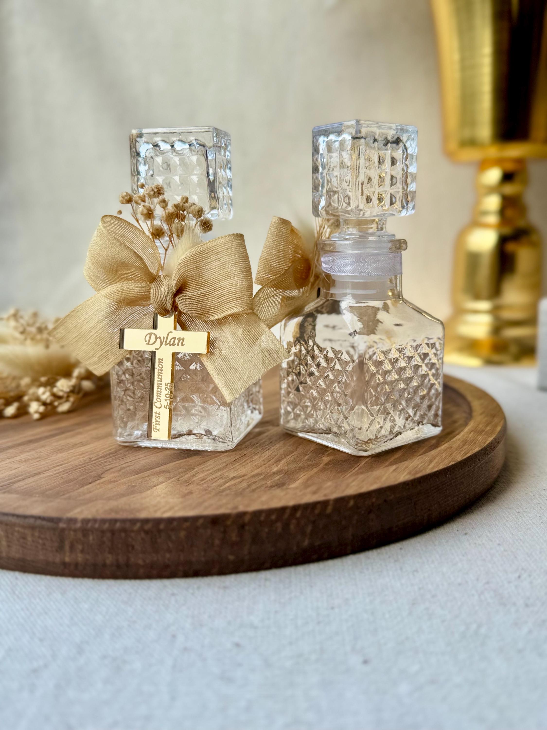 Baptism Bottle Favor Glass Bottle Religious Keepsake Communion Gift First Communion Favors Cross Charm Bottle Decoration Mini Size Burlap
