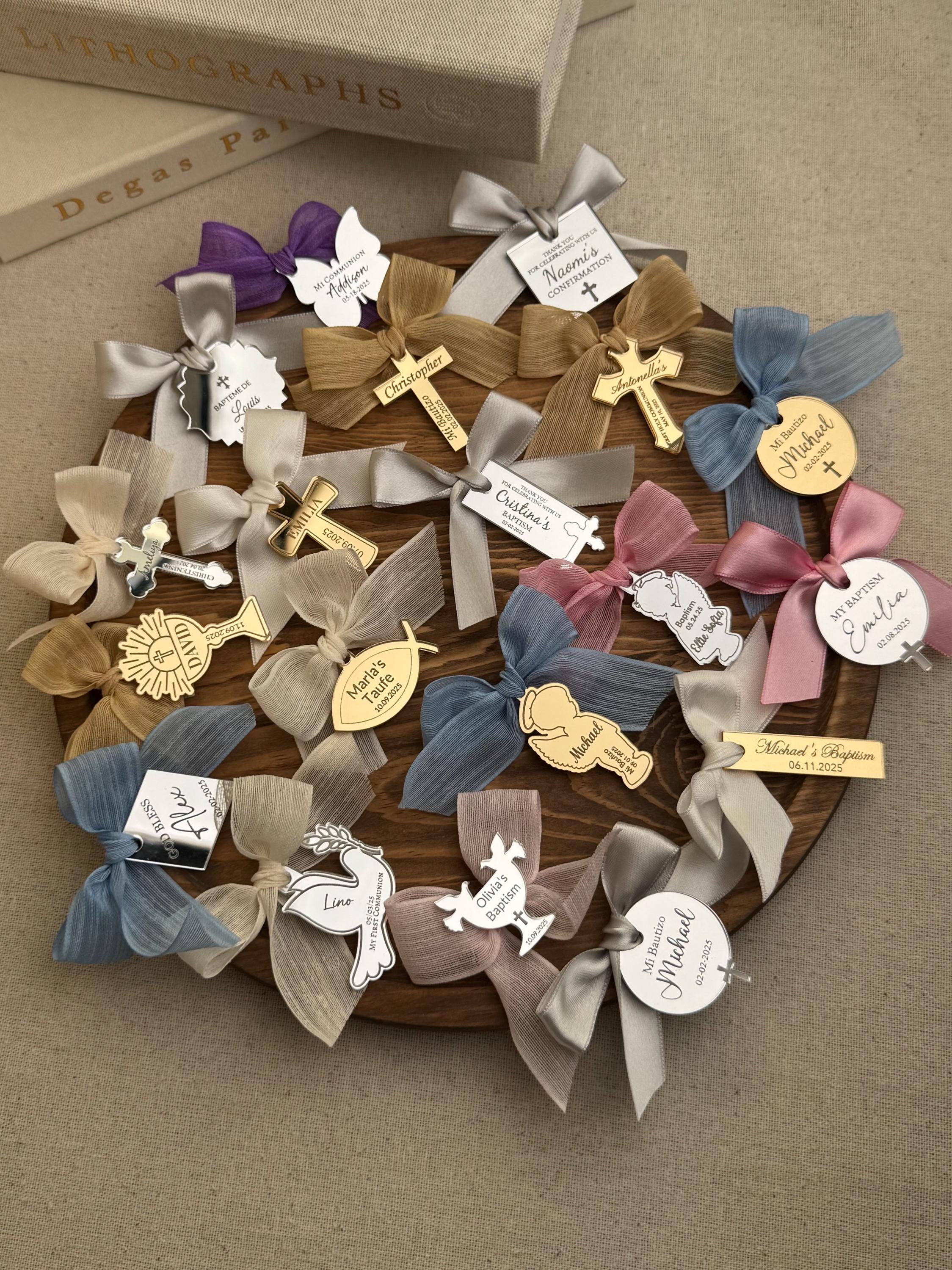 Religious Favor Tag Design Idea For Baptism Keepsake Gift Box Decoration For Communion Celebration Memento Custom Design Mirror Angel Charm