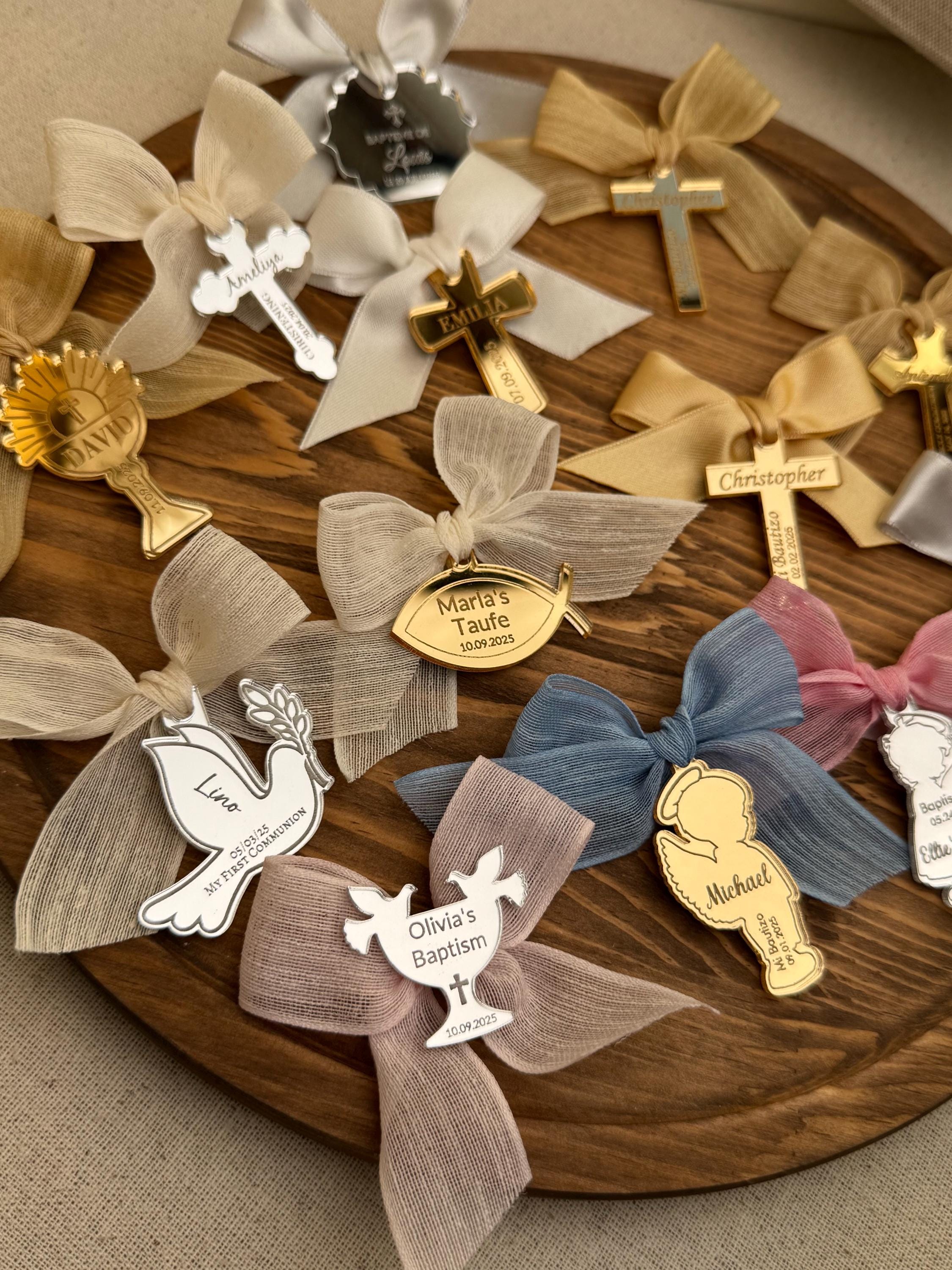 Elegant Religious Collection Custom Tag Design Mirror Finish Premium Material Gold Silver Choice Personalized Message Option Special Celebration Favor Beautiful Memory Gift Essential Holy Ceremony Keepsake Party Decoration Custom Ribbon Religious symbol tag dove angel chalice little angel with wings