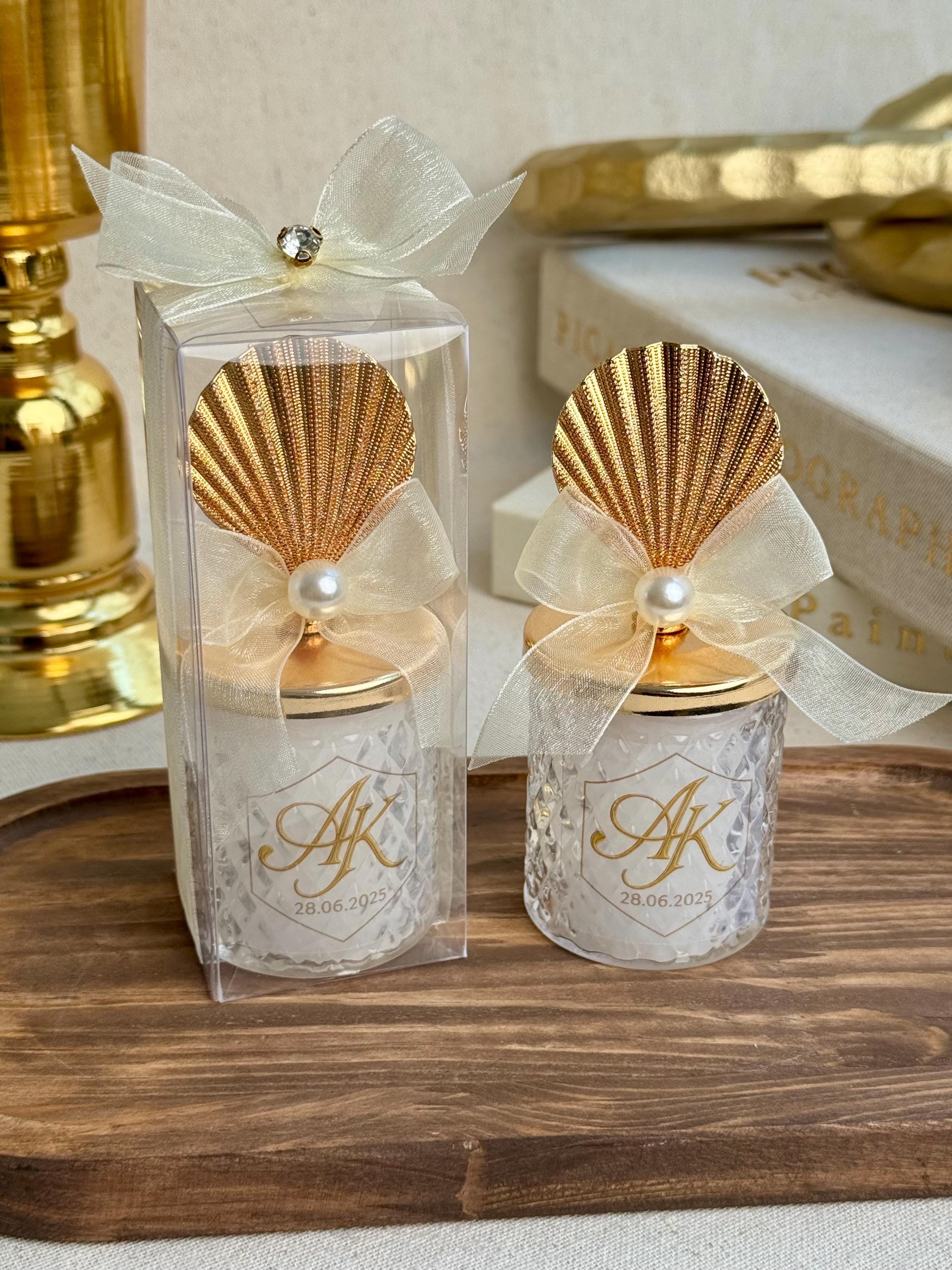 Luxury Wedding Favor Personalized Glass Jar Custom Monogram Design Pearl Accent Collection Seashell Details Beautiful Table Setting Premium Quality Construction Perfect Celebration Memory Special Event Essential Handmade Style Elegant Gift
