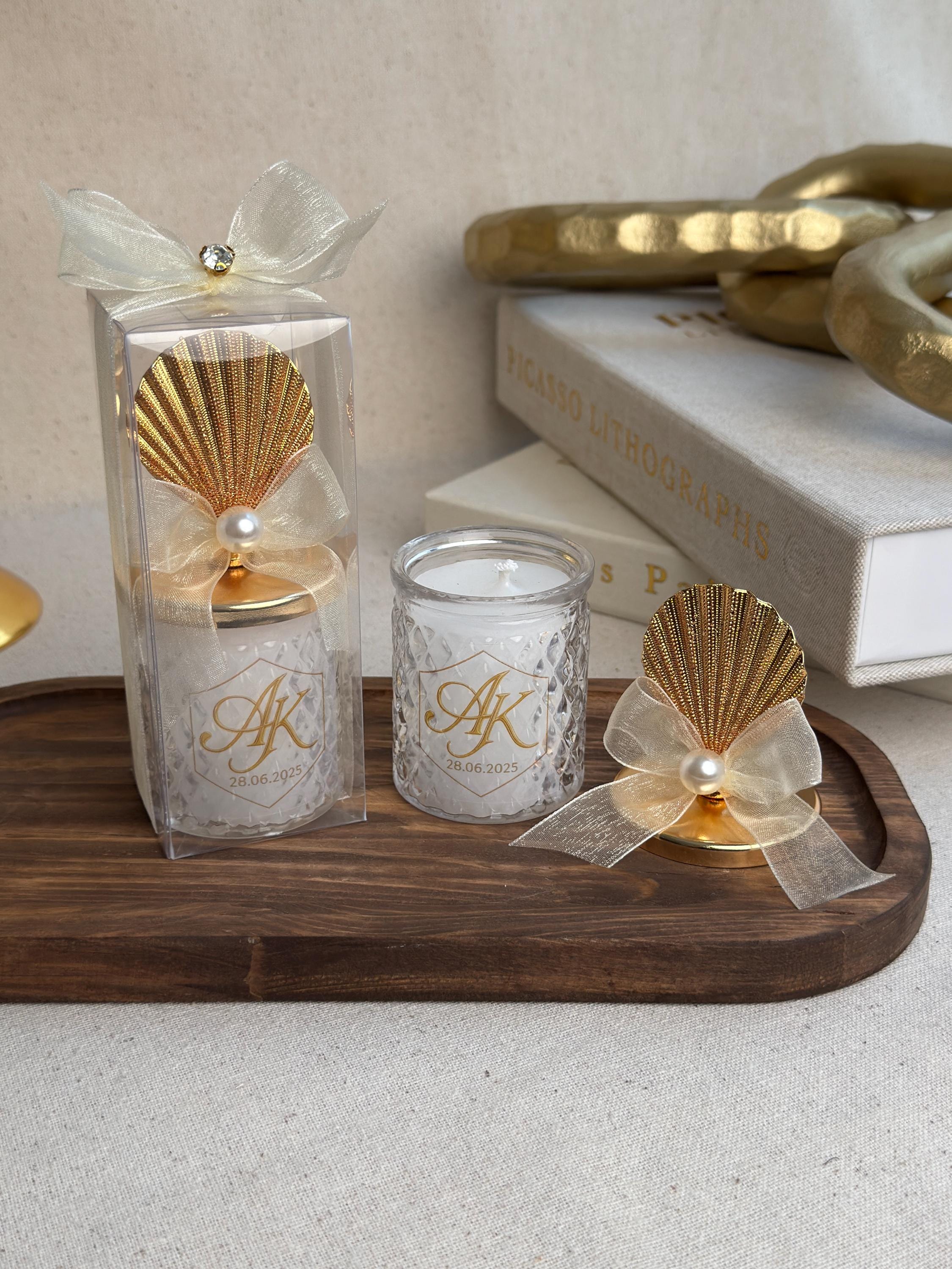 Beach Theme Wedding Personalized Candle Glass Container Pearl Accent Collection Seashell Design Custom Monogram Details Luxury Gift Idea Beautiful Table Setting Premium Quality Construction Perfect Celebration Memory Special Event Essential