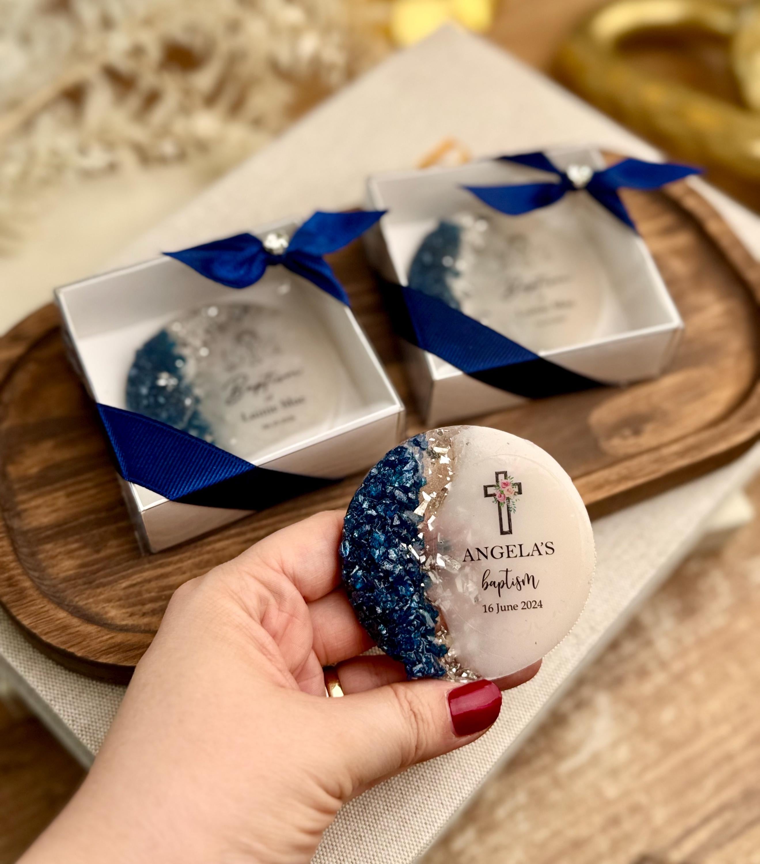 Personalized Moon Magnet Religious Gift Custom Design Options Crystal Details Premium Construction Special Celebration Keepsake Beautiful Display Collection Silver Accents Holy Memory Momento White Gift Box Presentation Spiritual Treasure