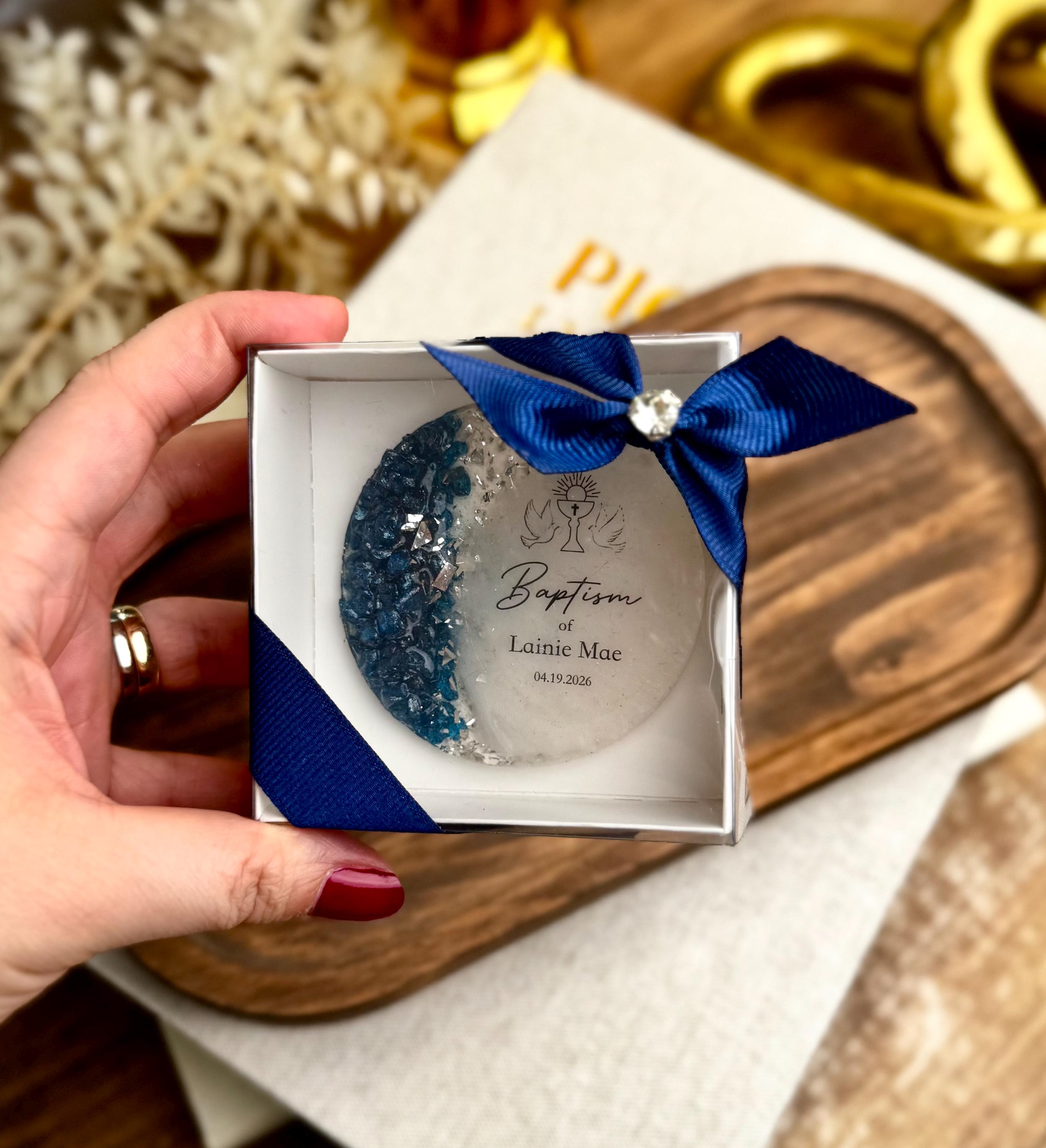 Navy Blue Personalized Baptism Favors For Boy-Girl, Golden Baptism Epoxy Magnet Favor, Christening Favor, Mi Bautizo Gift, Baby Shower Favor