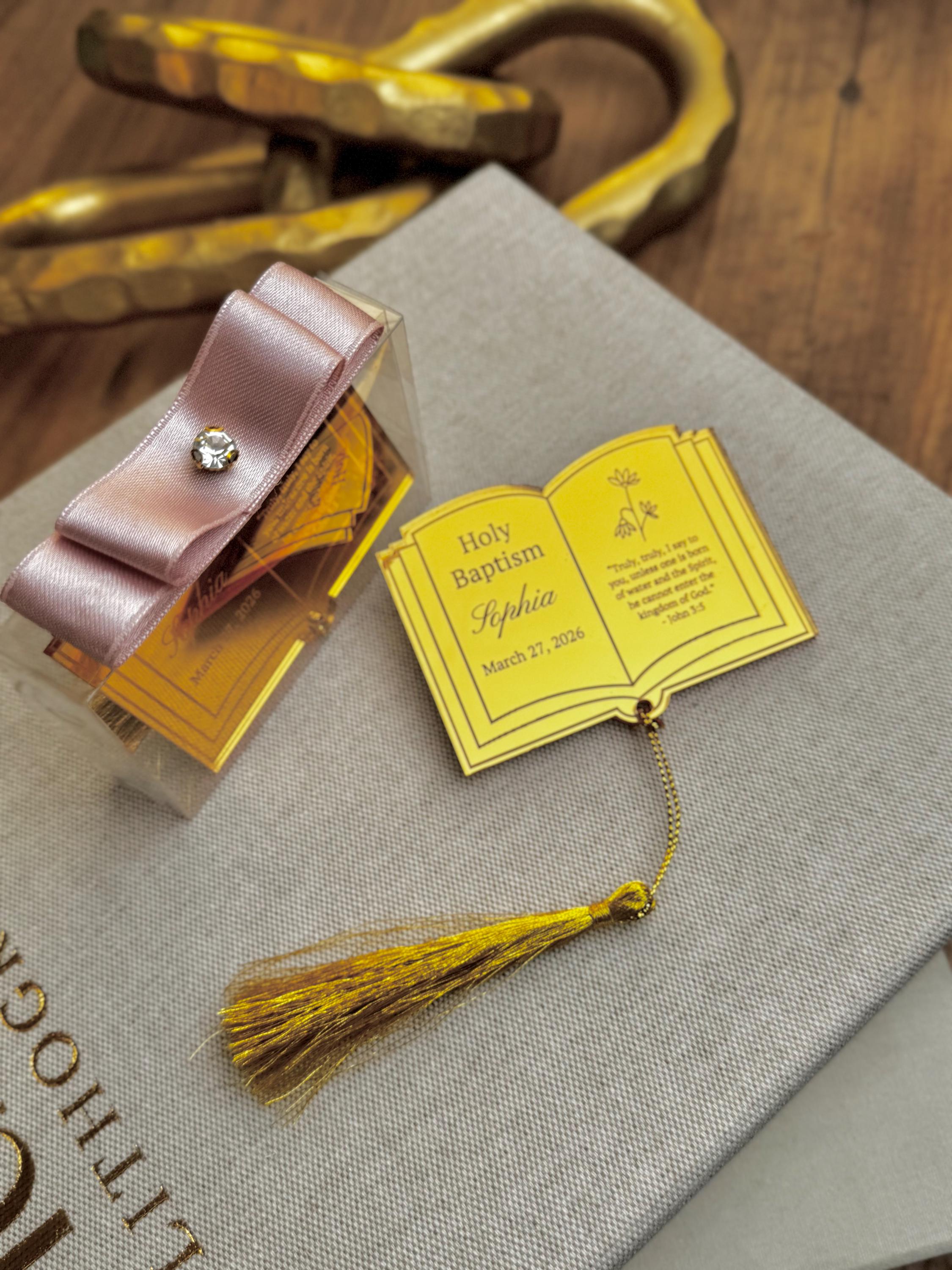 Religious Gift Collection Custom Baptism Book Design Mirror Acrylic Magnet Holy Keepsake Package Personalized Name Date Details Premium Construction Quality Beautiful Tassel Accent Special Ceremony Present Elegant Display Collection
