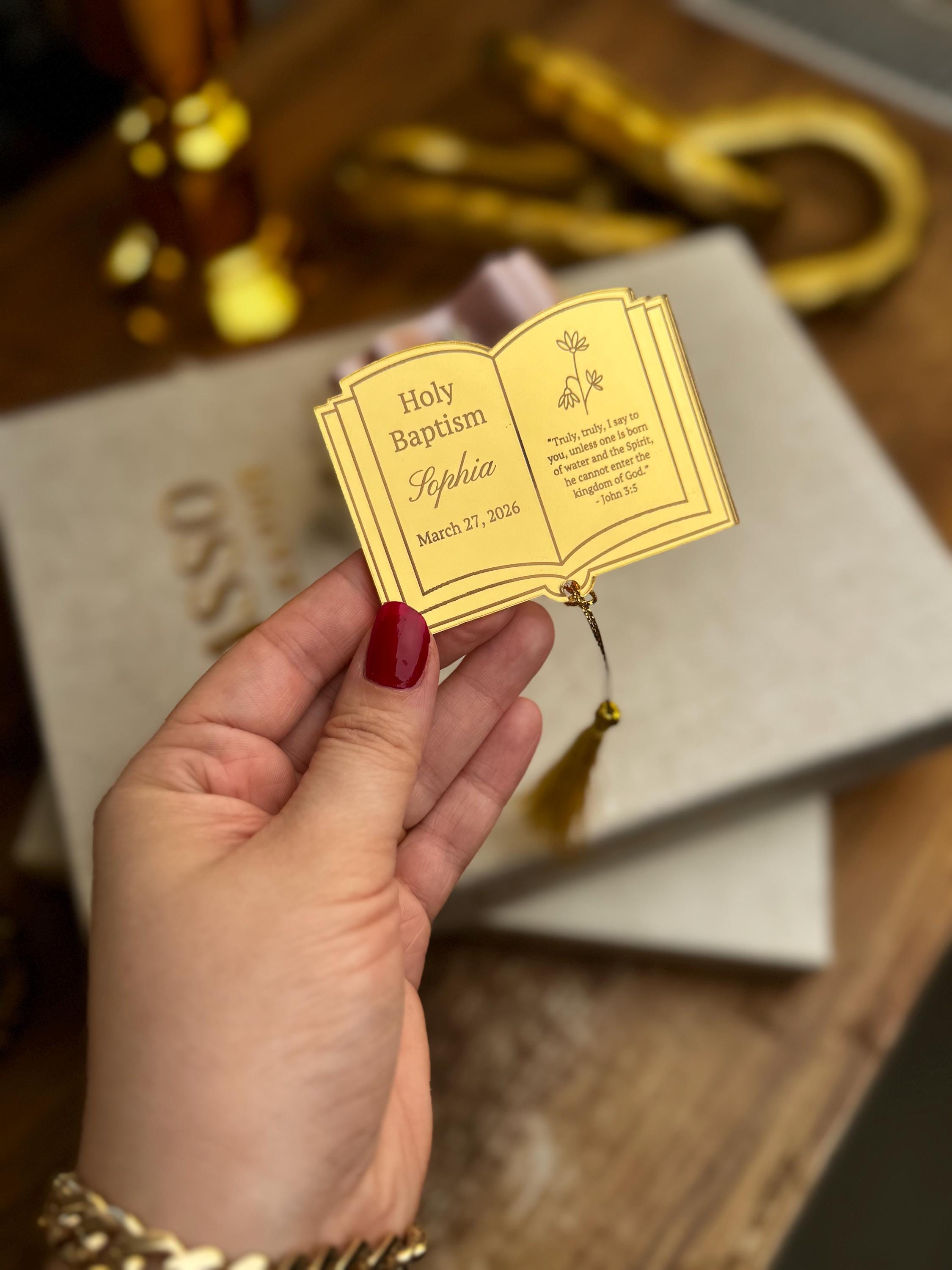 Premium Religious Gift Custom Baptism Book Design Mirror Acrylic Collection Holy Keepsake Package Personalized Name Date Details Beautiful Tassel Accent Special Ceremony Present Elegant Display Collection Godchild Gift