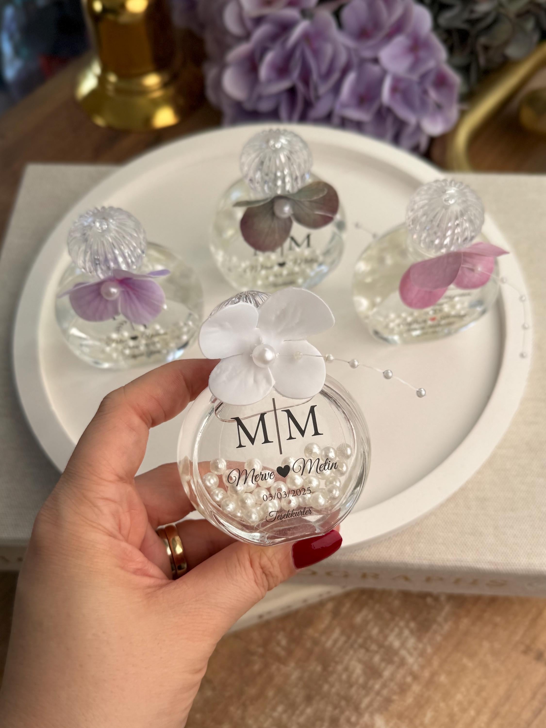 Elegant Glass Container Custom Wedding Favor Personalized Monogram Details Handcrafted Hydrangea Design Pearl Center Beautiful Display Case Reception Table Memory Special Event Gift Premium Quality Collection Party Keepsake Custom Name Date