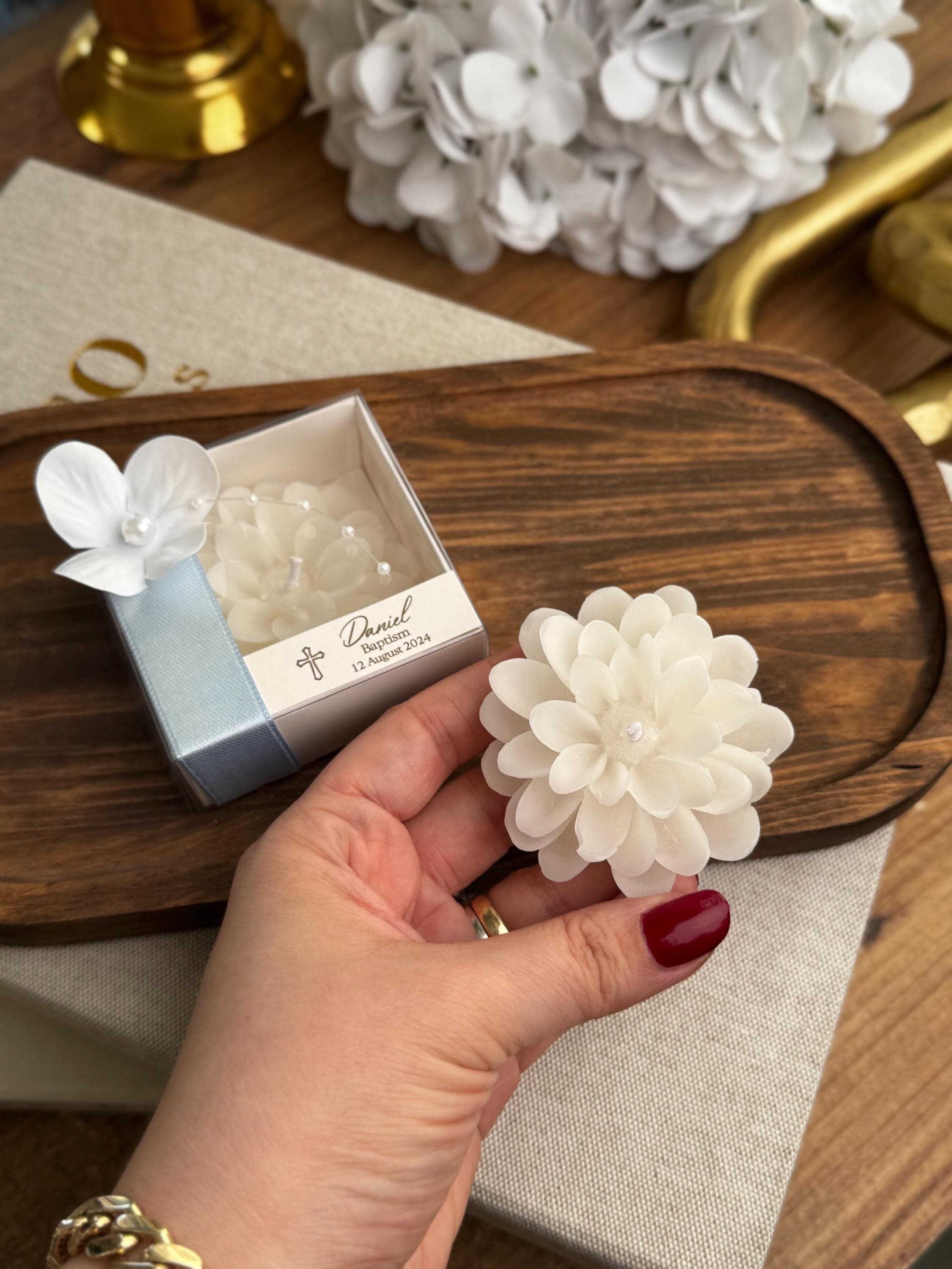 Elegant Baptism Lotus Flower Candle Favors Bulk for Guests - White Lotus Favors - Fancy Christening Favors for Boy & Girls - Communion gift